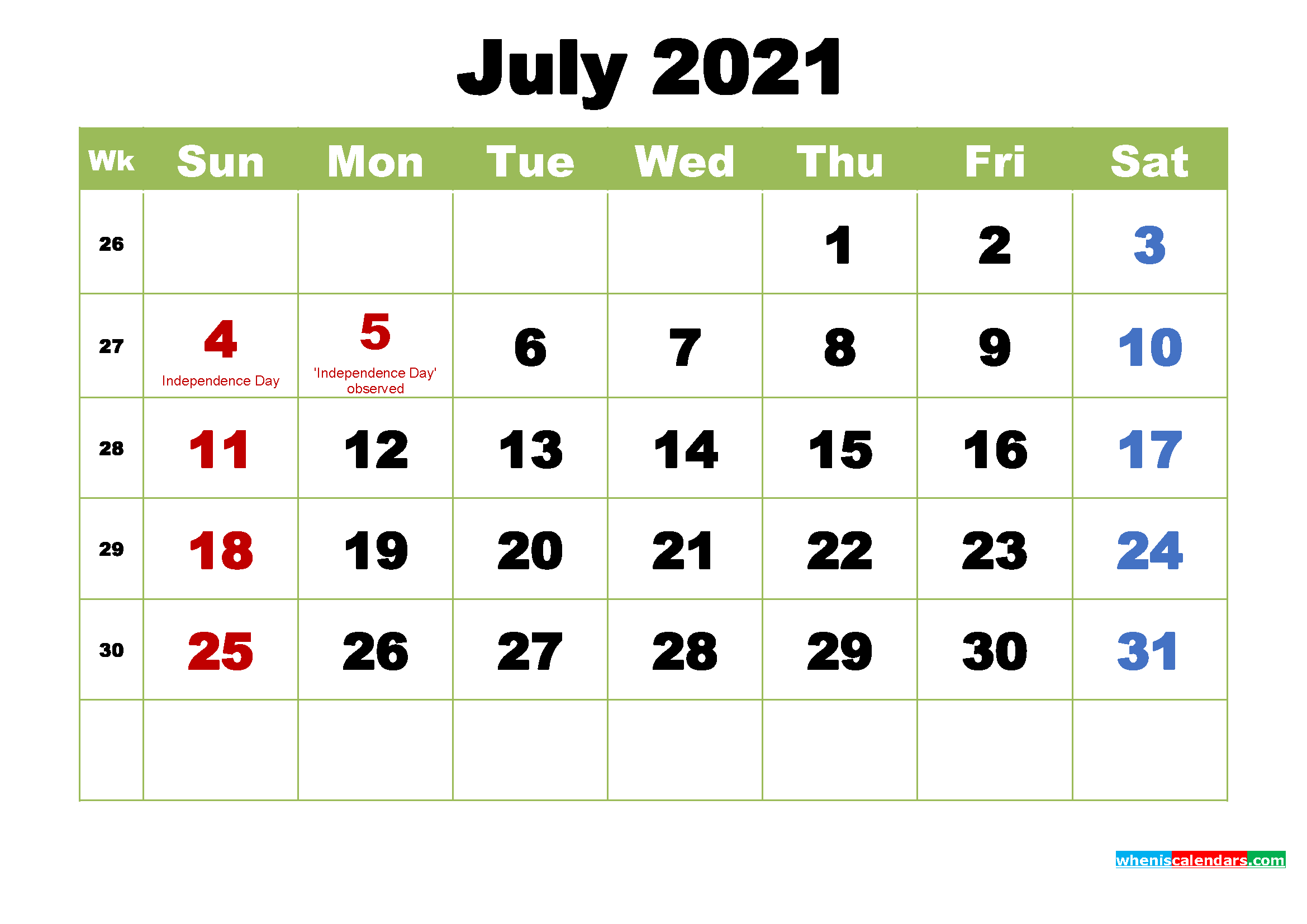 Free July 2021 Printable Calendar with Holidays