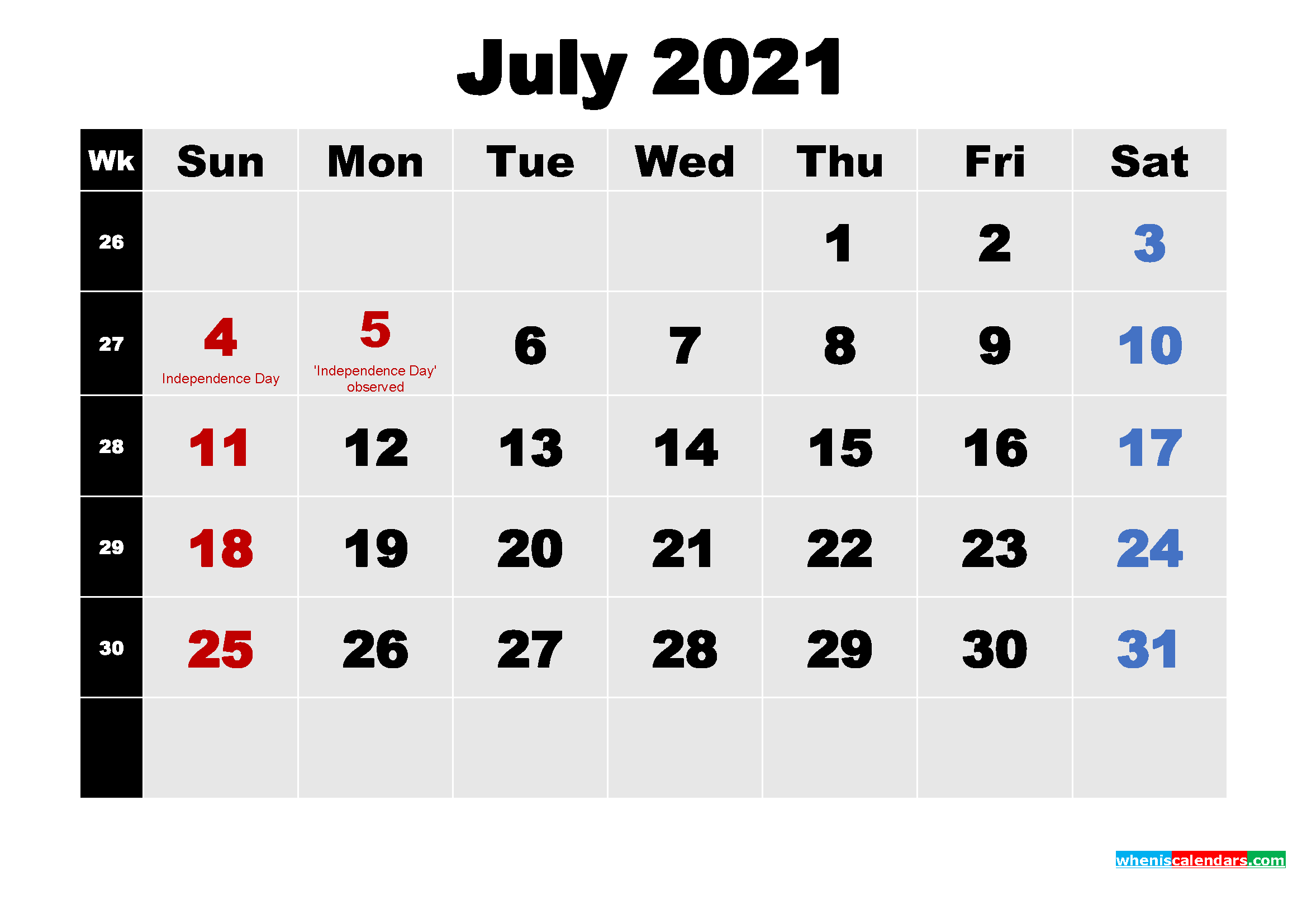 Free July 2021 Printable Calendar Template Word, PDF