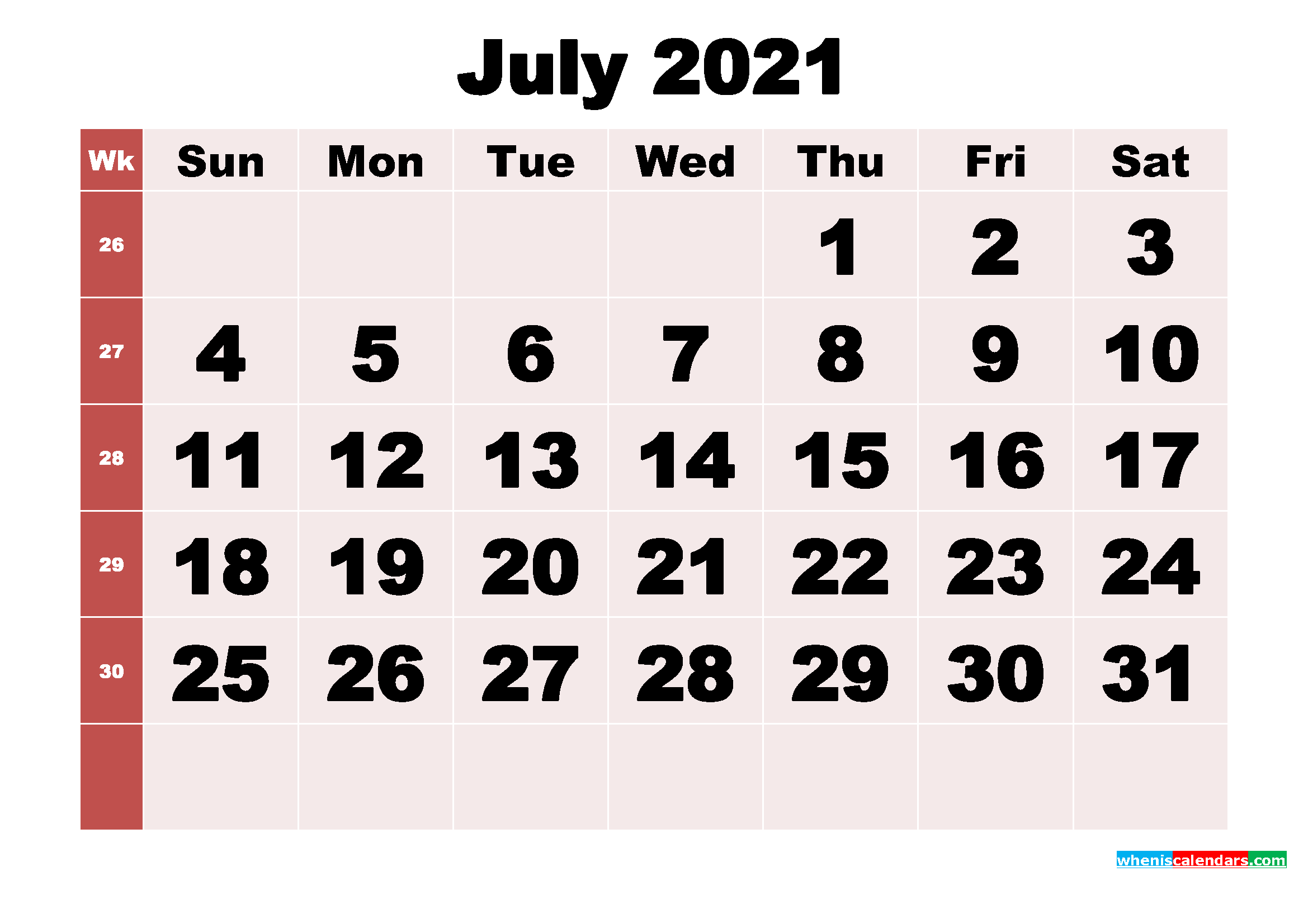 Free Printable Monthly Calendar July 2021