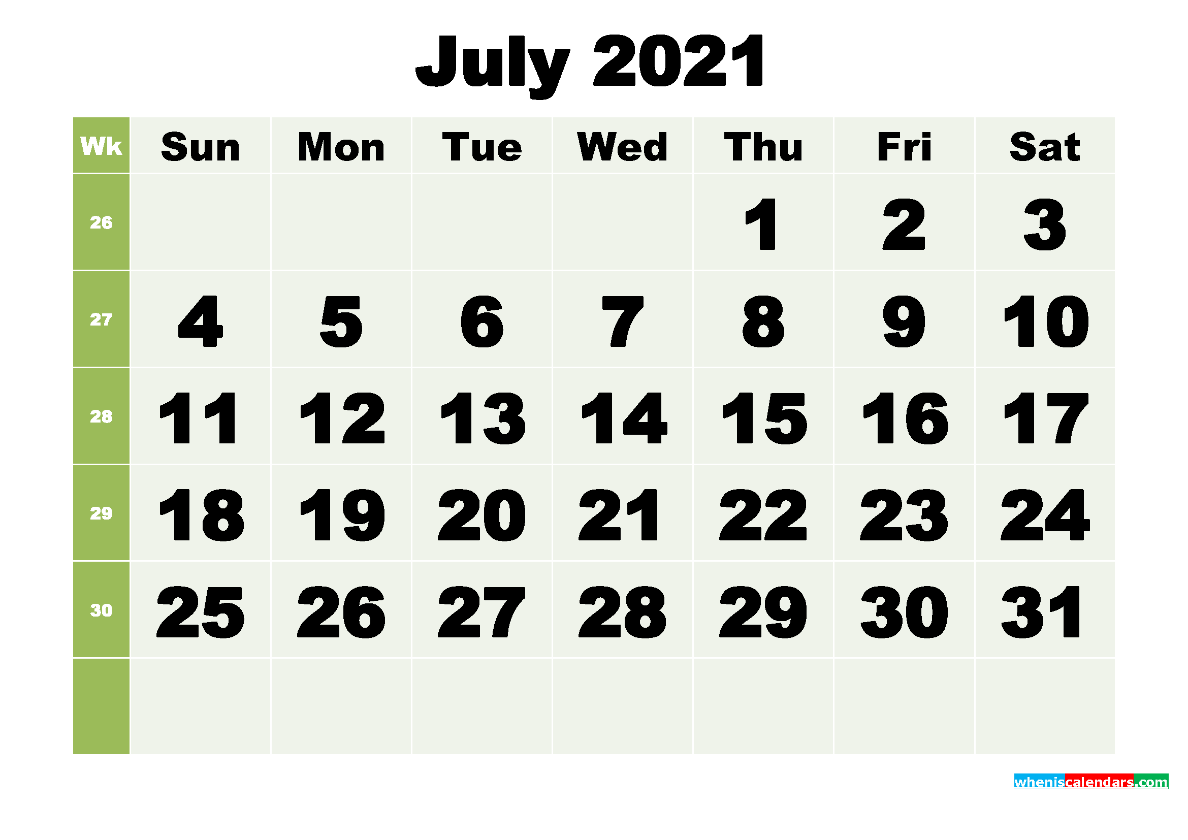 July 2021 Printable Calendar Template