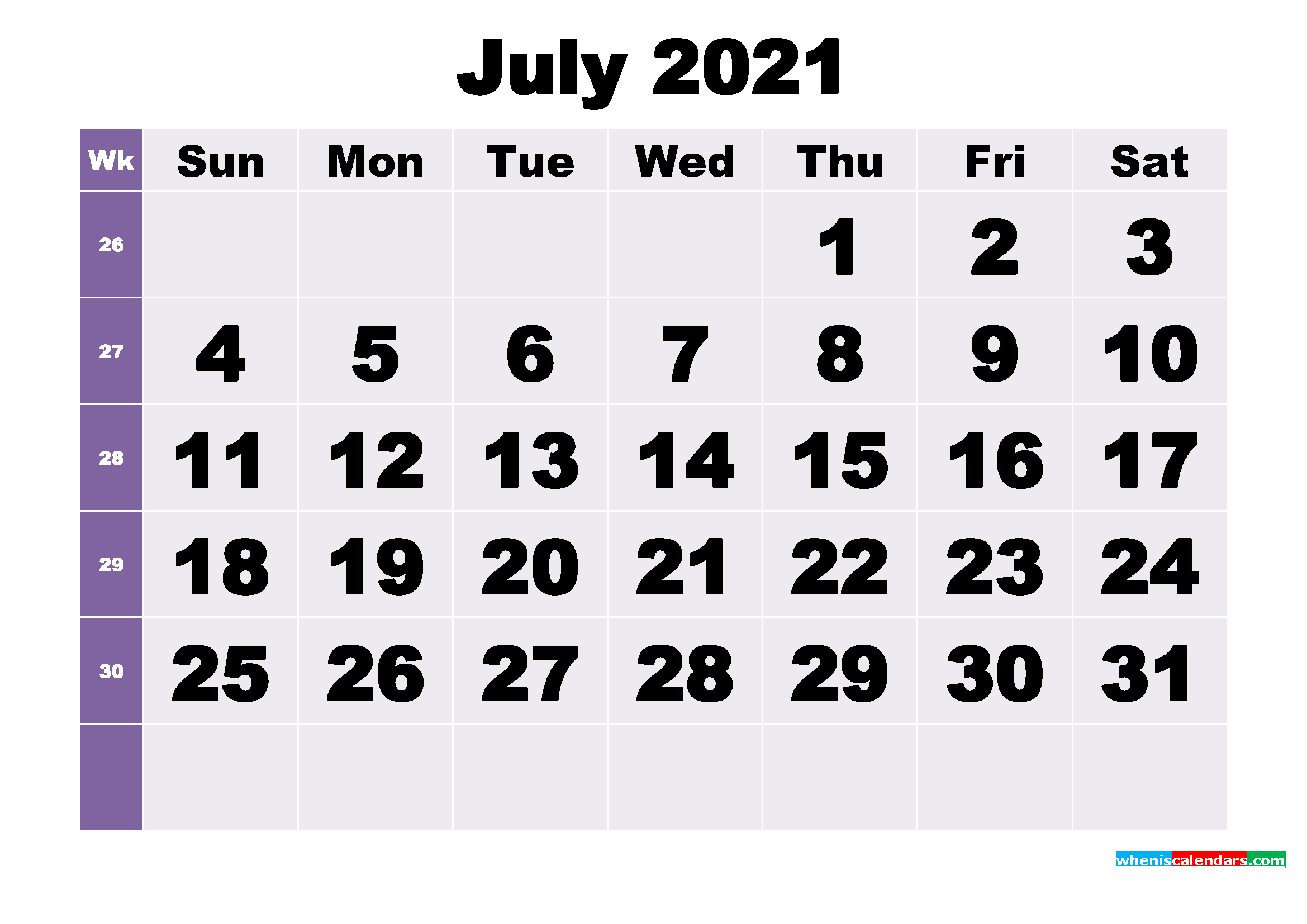 Free July 2021 Printable Monthly Calendar Template