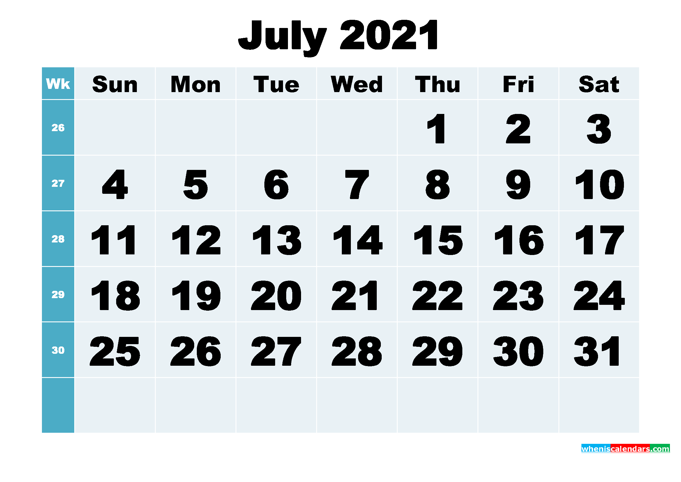 Free Printable July 2021 Calendar Word, PDF, Image