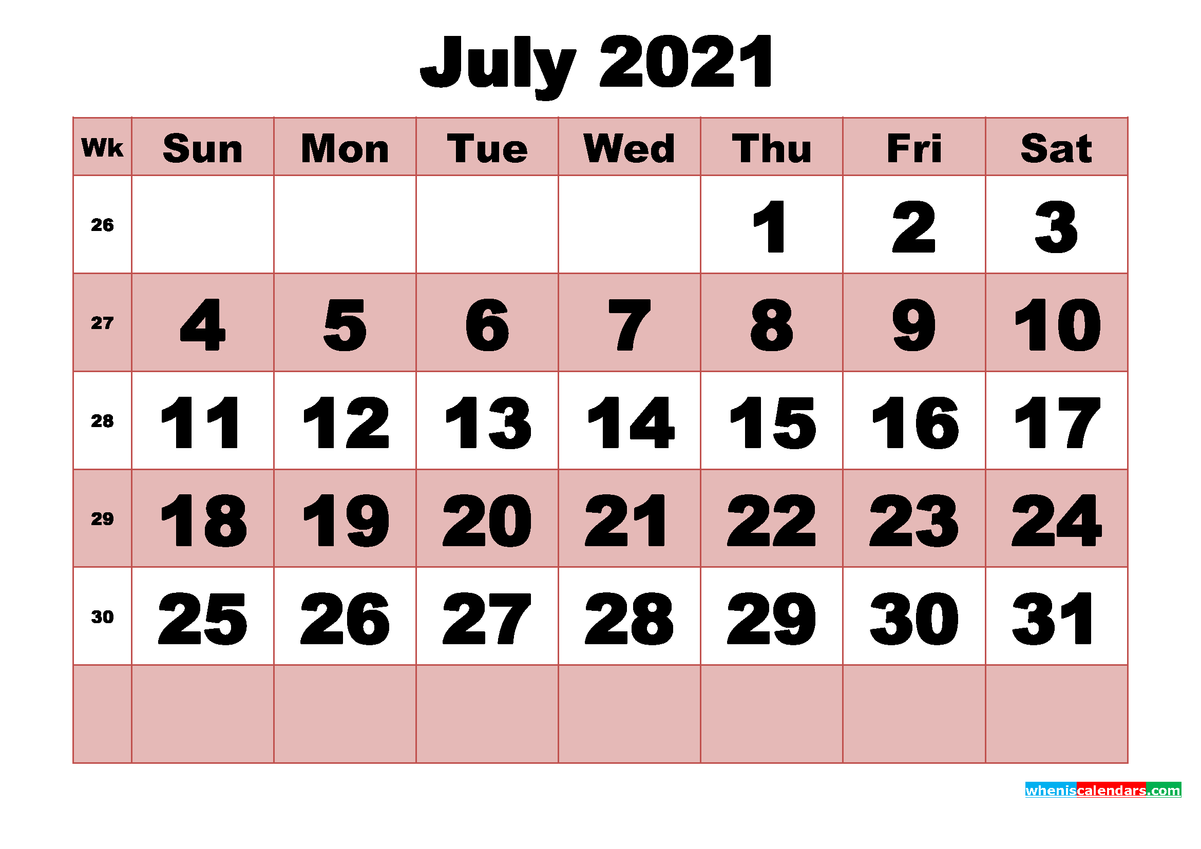 Free Printable Monthly Calendar July 2021