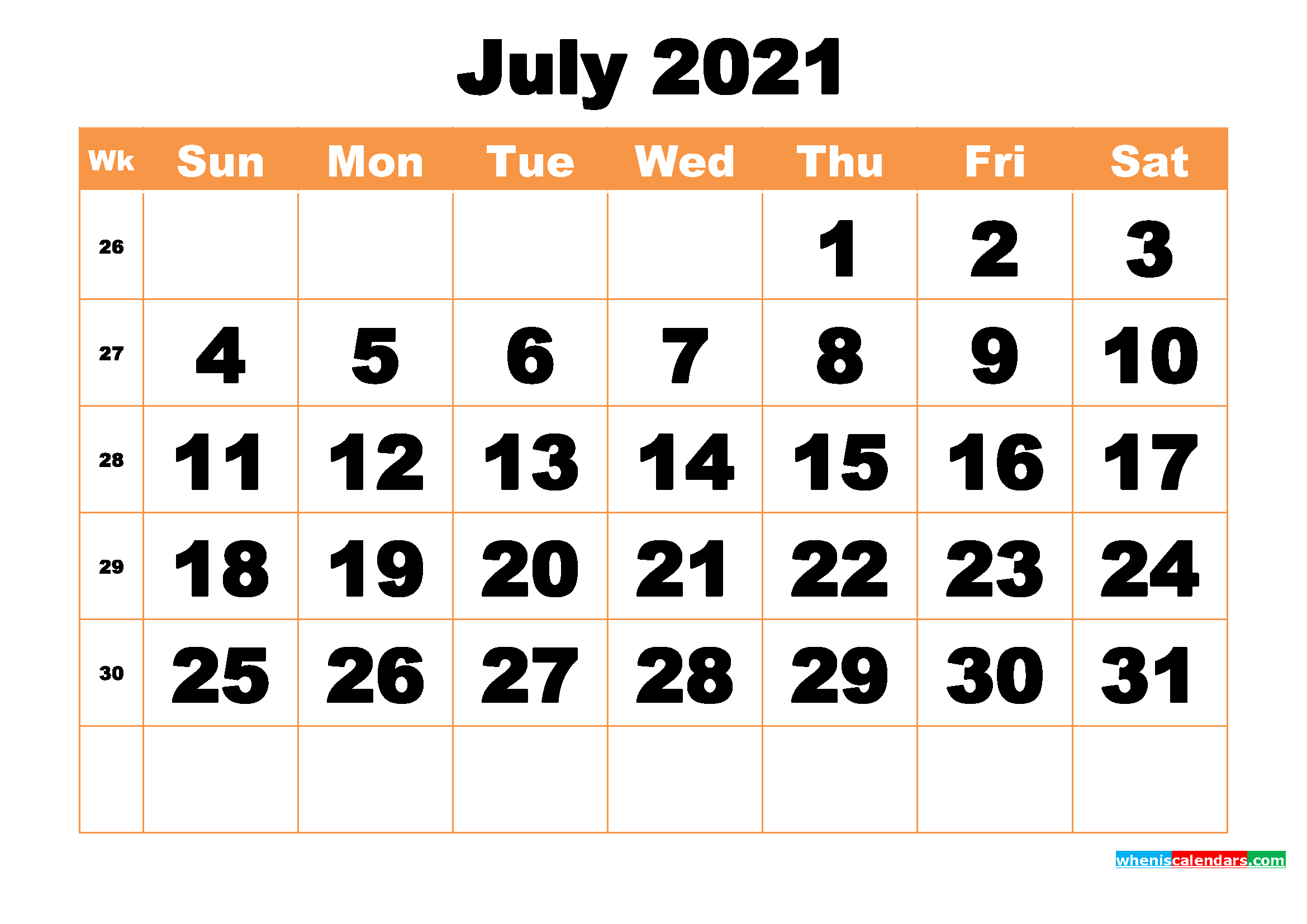 Free Printable July 2021 Calendar Word, PDF, Image