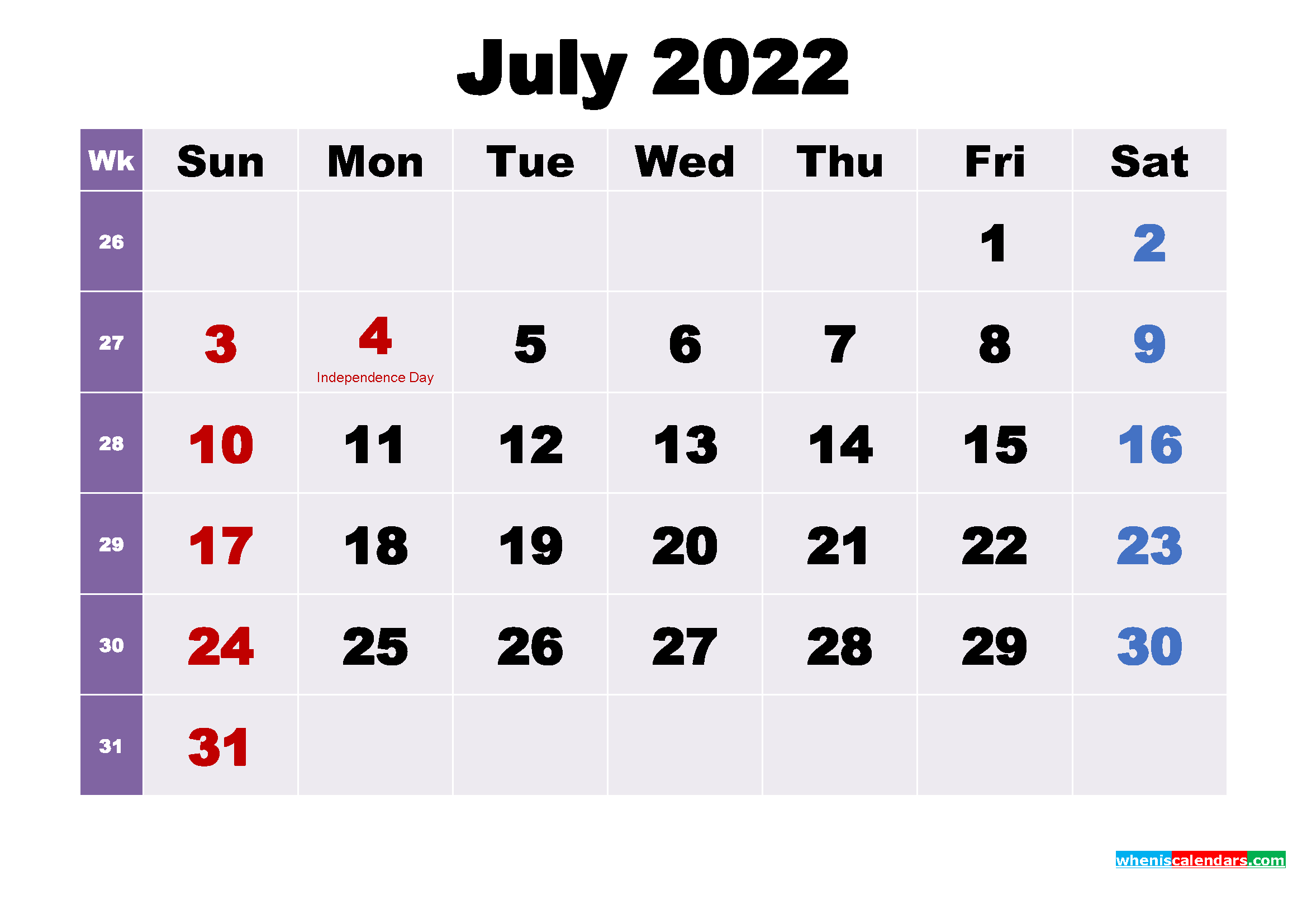 Printable July 2022 Calendar with Holidays Word, PDF