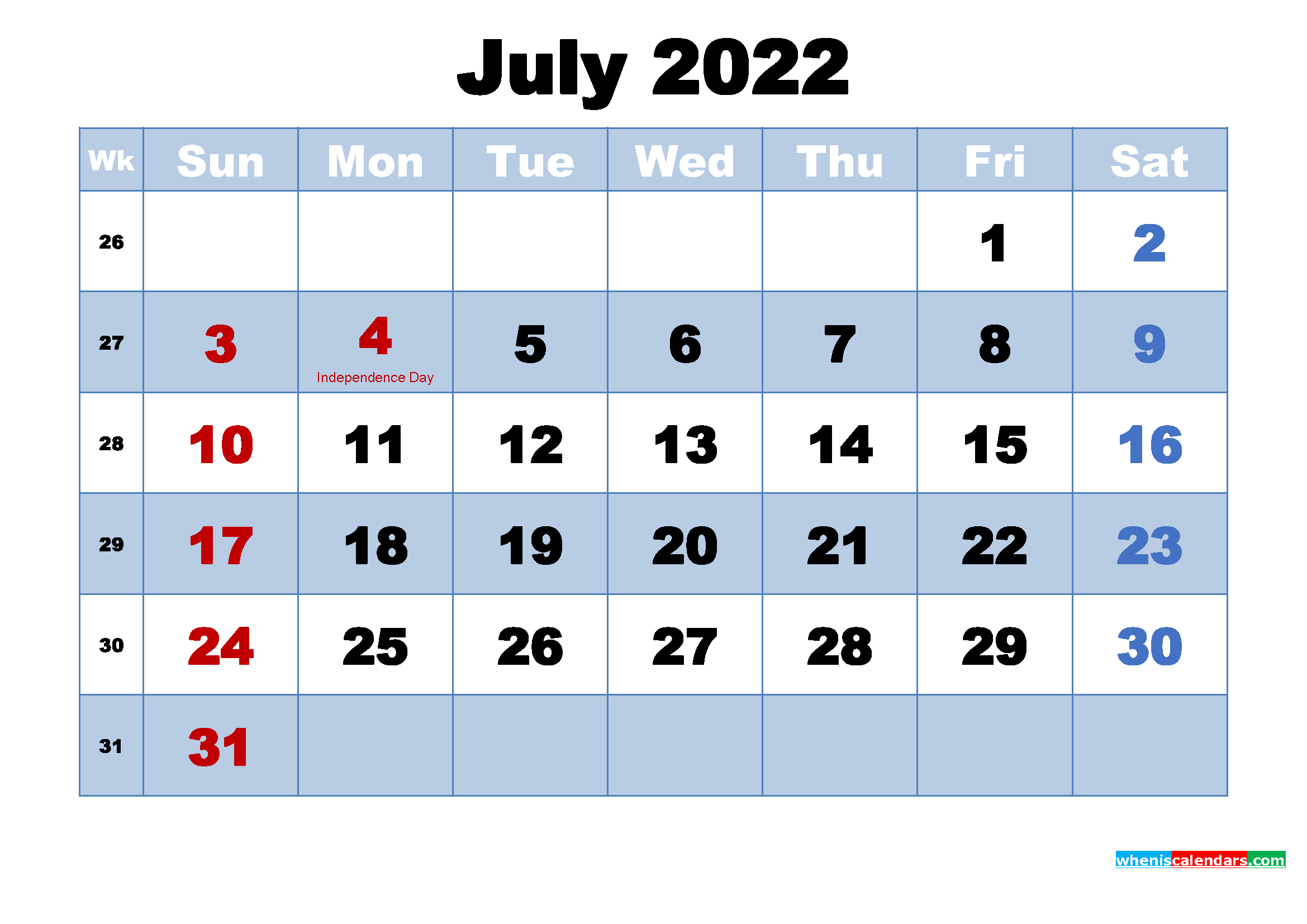 Free Printable 2022 Calendar July as Word, PDF