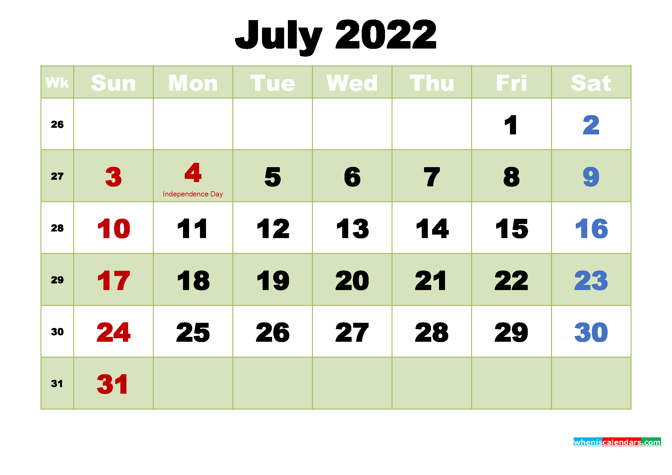 Free July 2022 Printable Calendar Template Word, PDF Free Printable