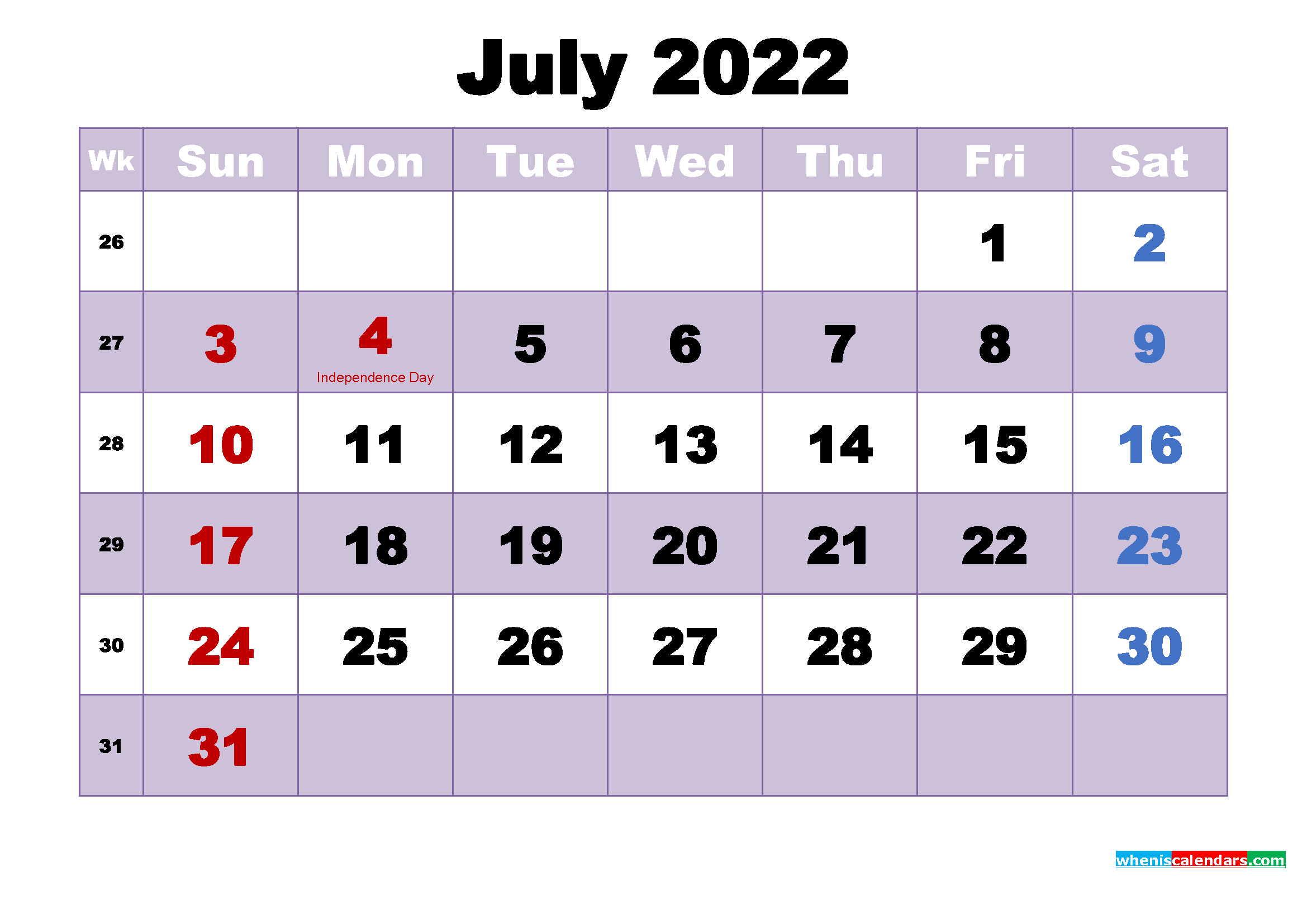 Free 2022 Printable Calendar July as Word, PDF