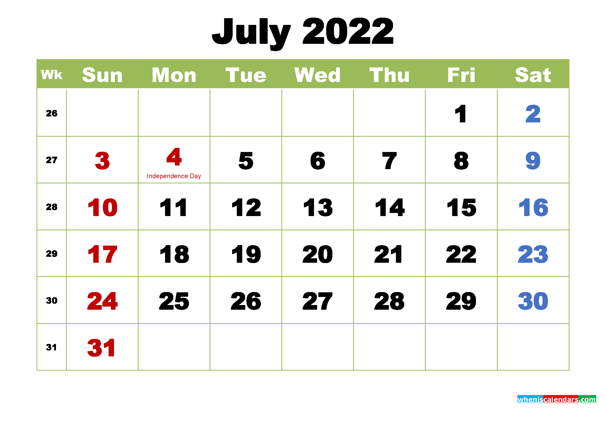 Free July 2022 Printable Calendar with Holidays