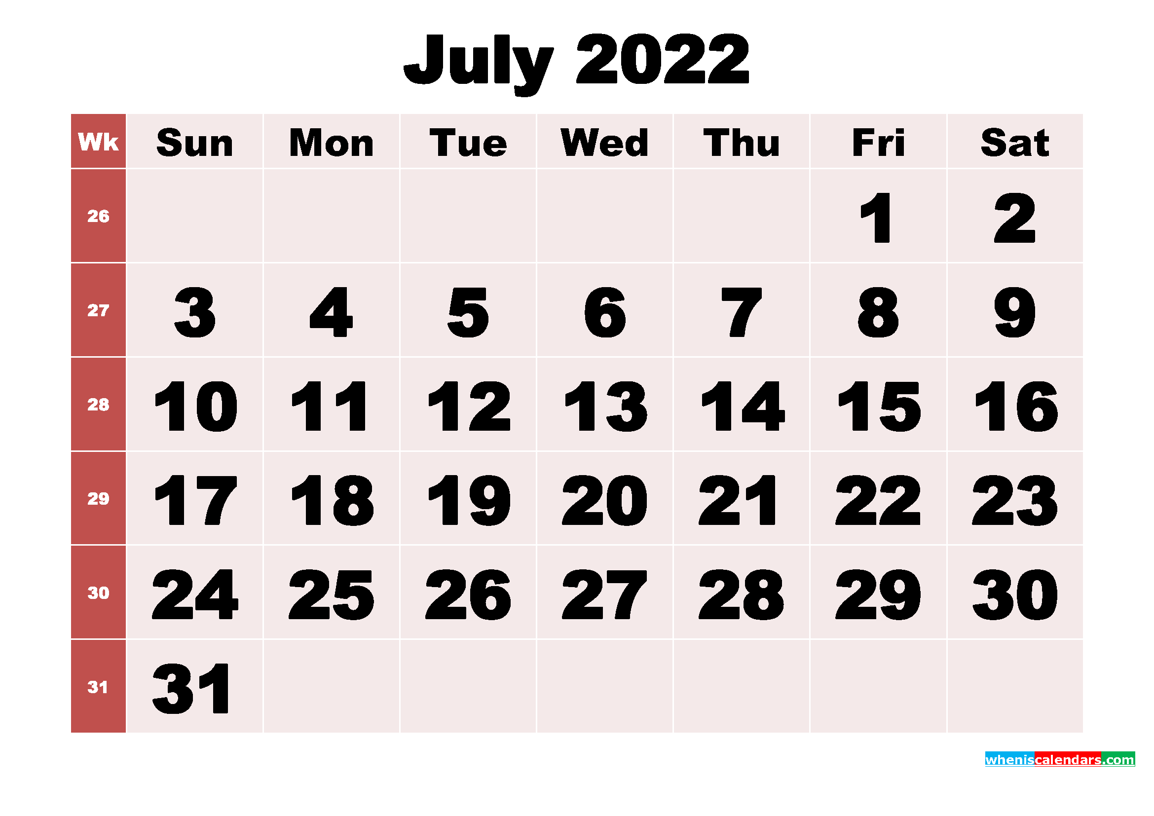 Free Printable Monthly Calendar July 2022