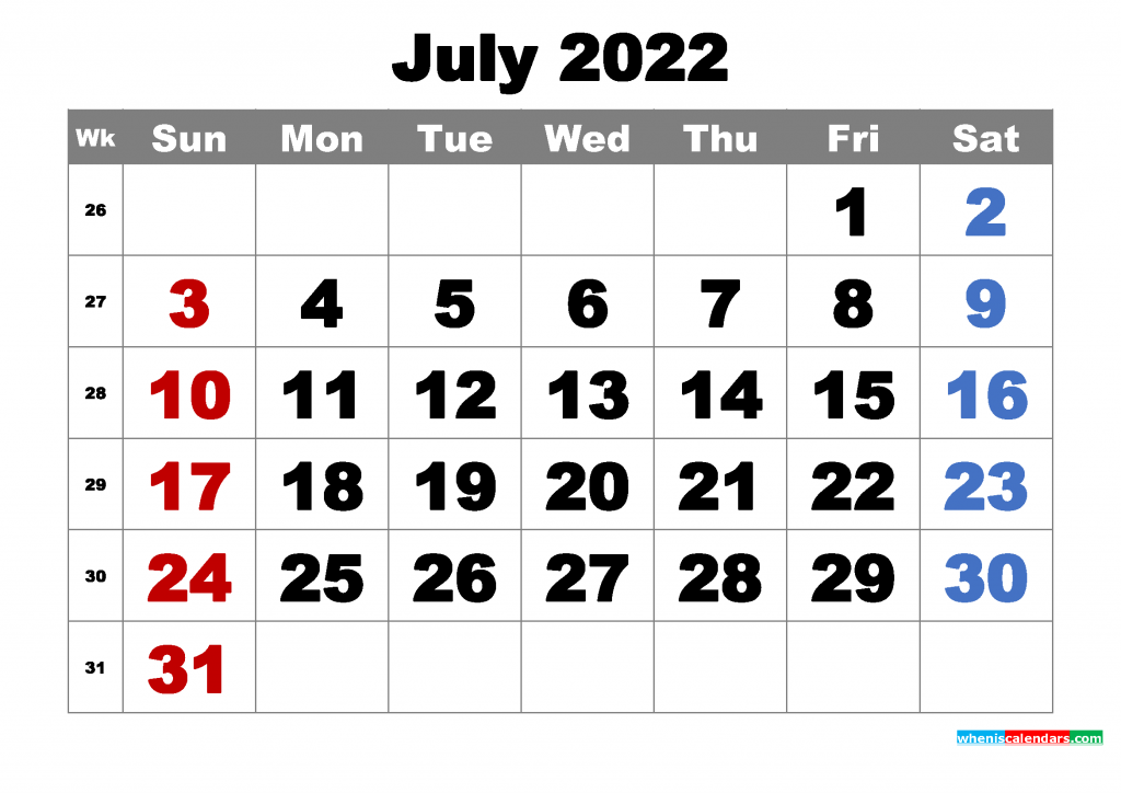 Free Printable July 2022 Calendar Word, PDF, Image Free Printable