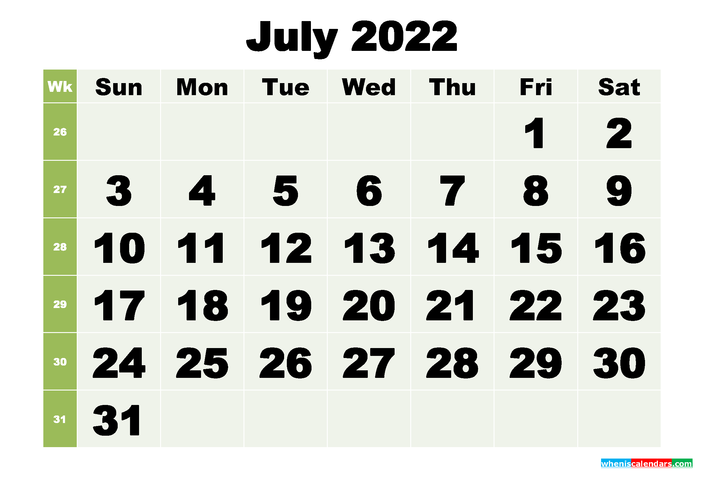 July 2022 Printable Calendar Template