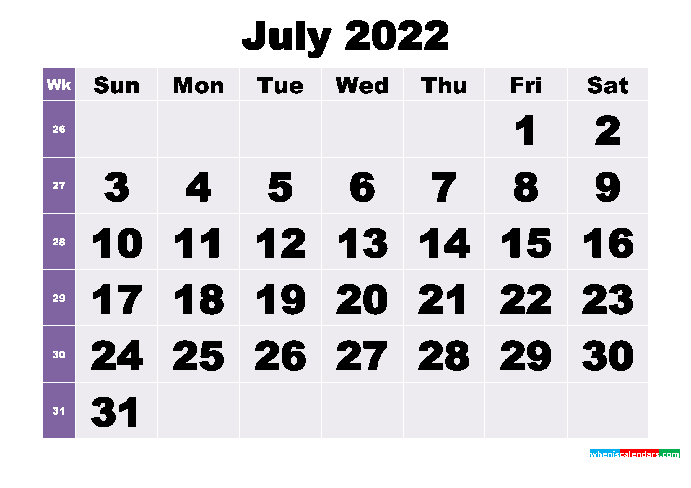 Free July 2022 Printable Monthly Calendar Template