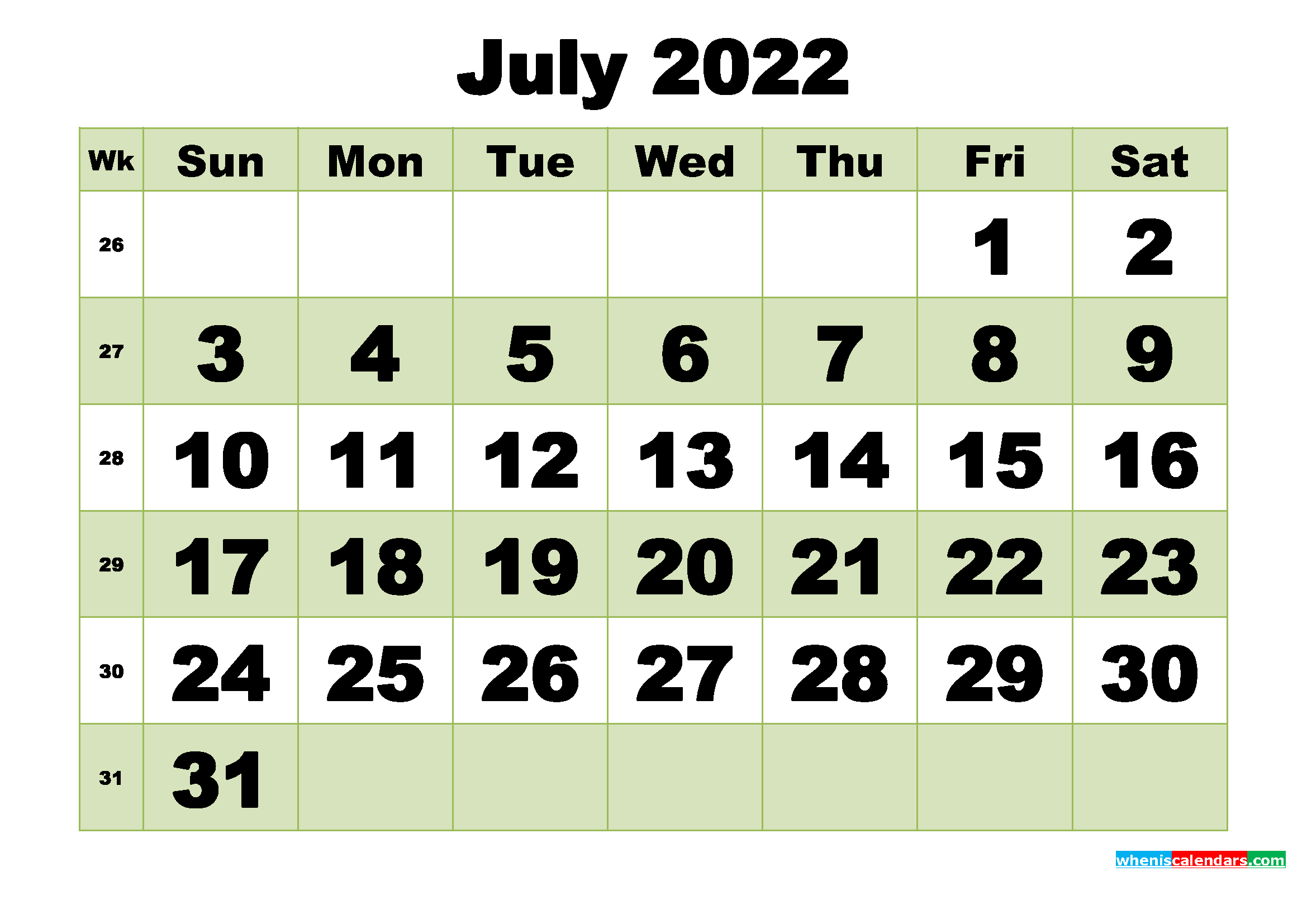 July 2022 Printable Calendar Template