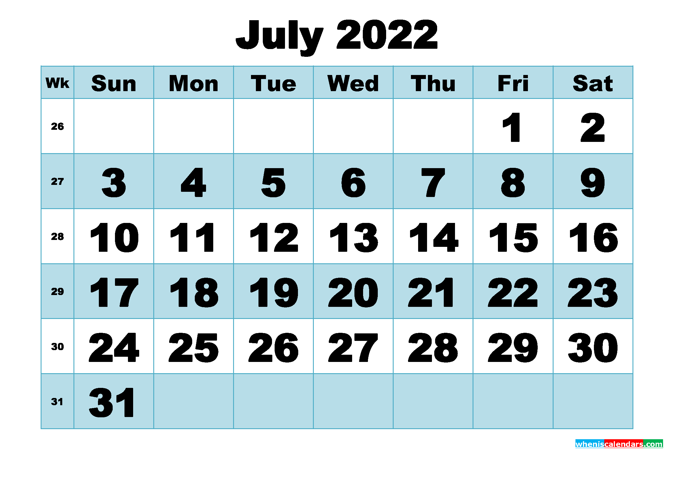 Free Printable July 2022 Calendar Word, PDF, Image