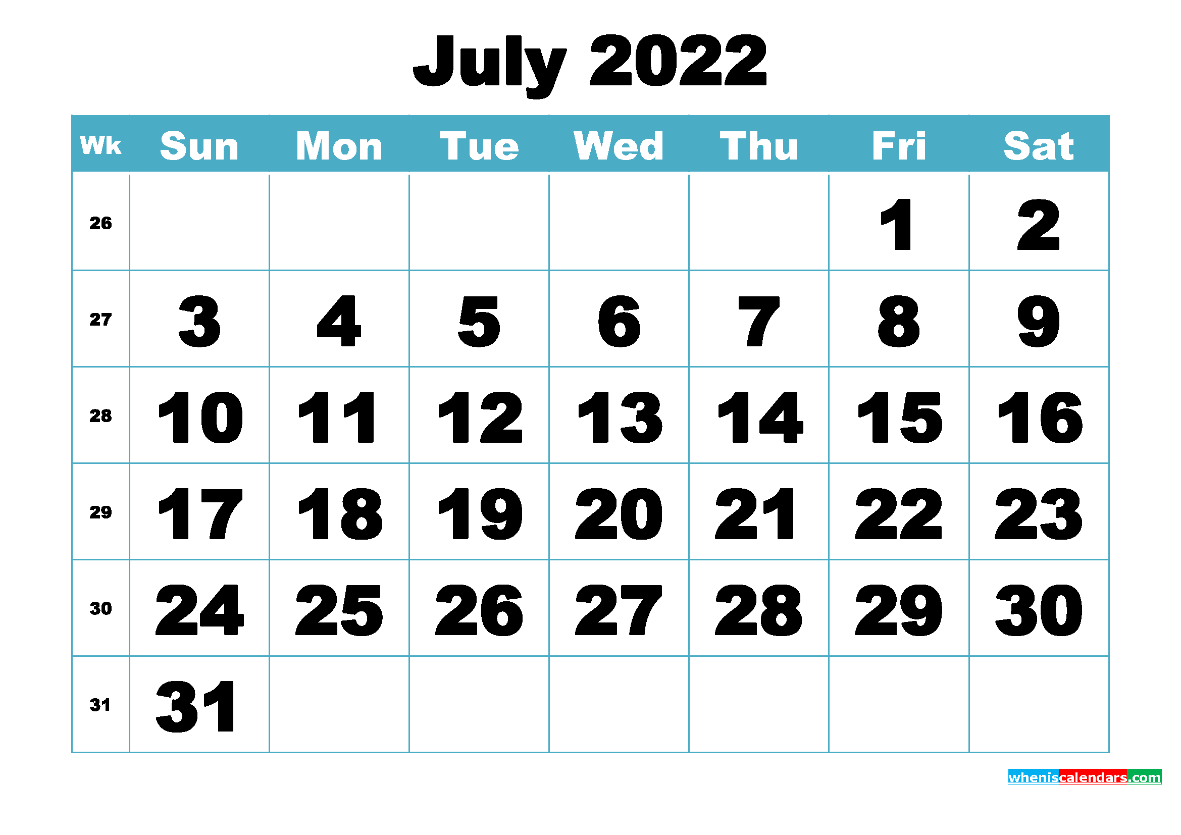 Free July 2022 Printable Monthly Calendar Template