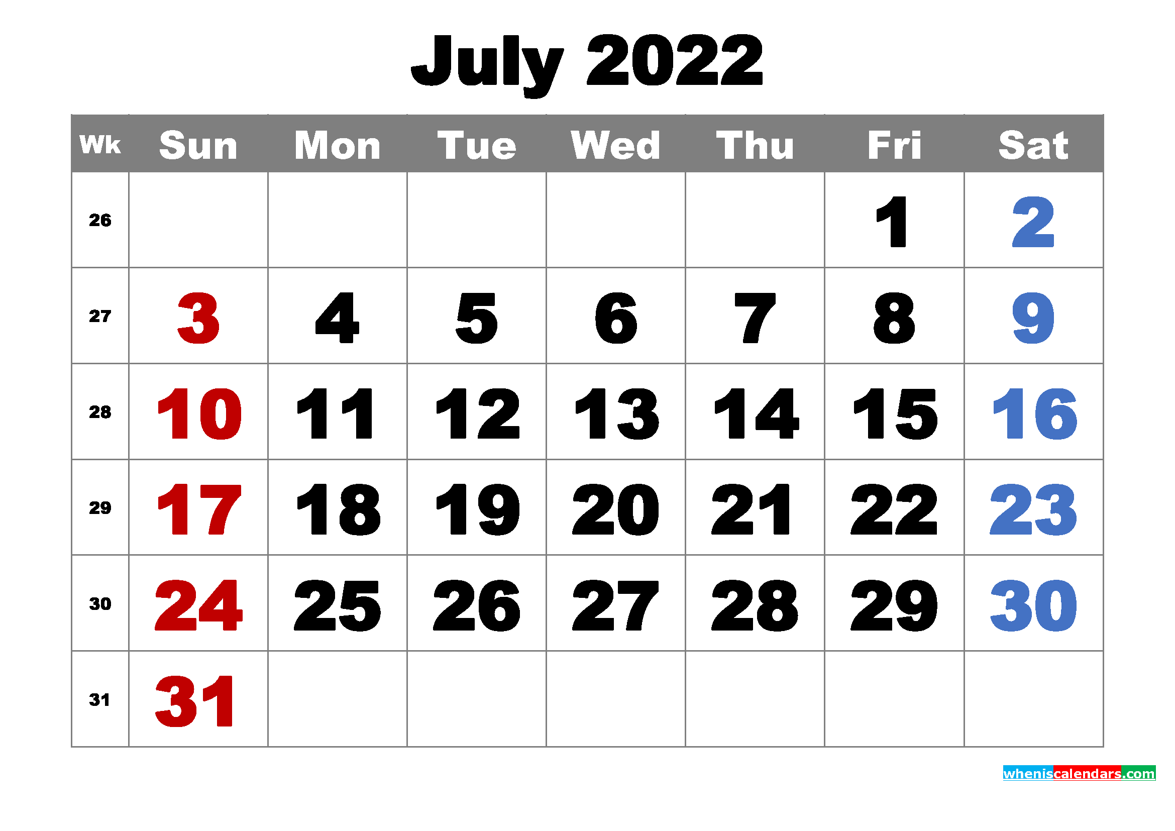 Free Printable July 2022 Calendar Word, PDF, Image