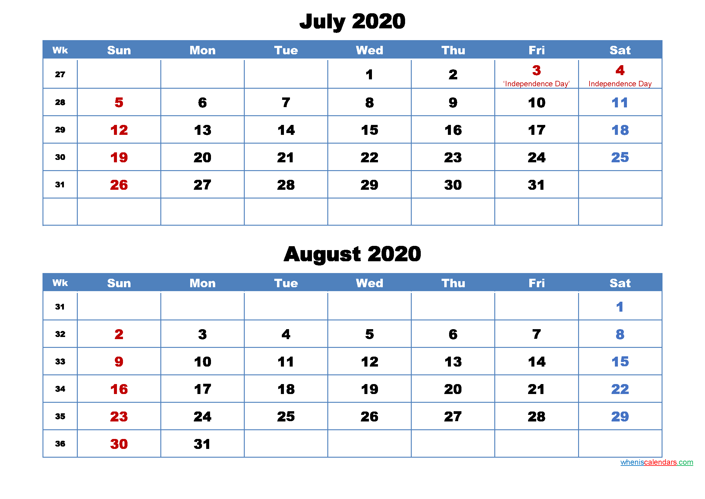 Printable Calendar July And August 2020 Word PDF