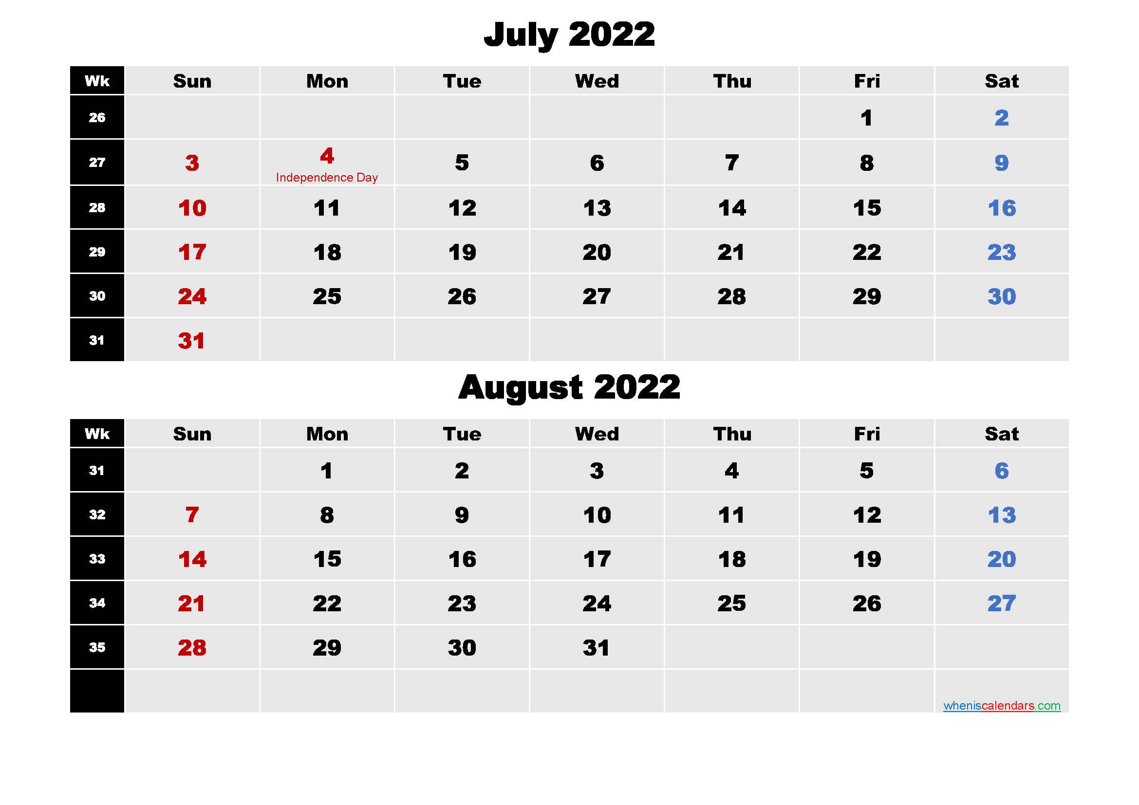 July And August 2022 Calendar With Holidays