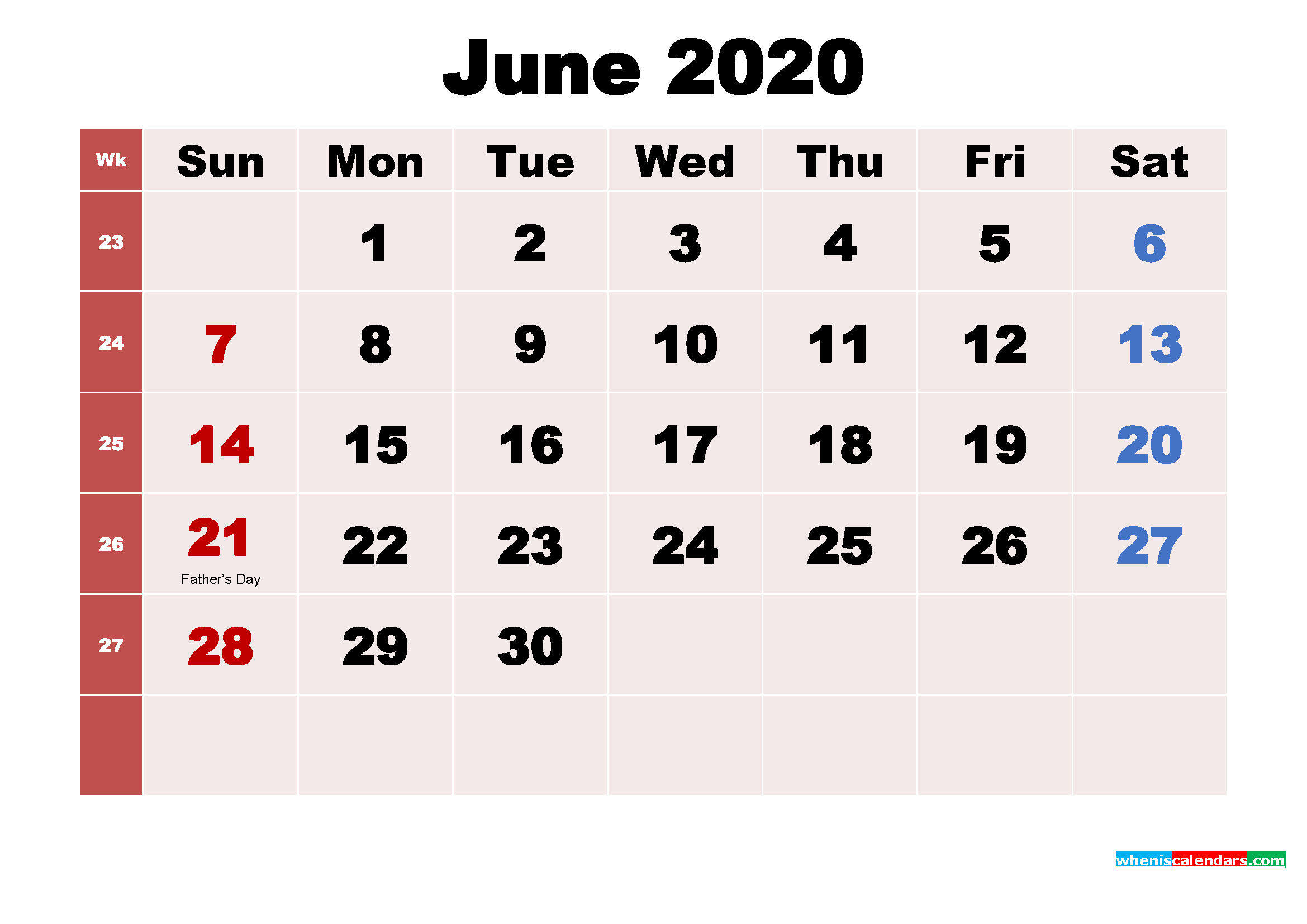 Free Printable June 2020 Calendar with Holidays as Word, PDF