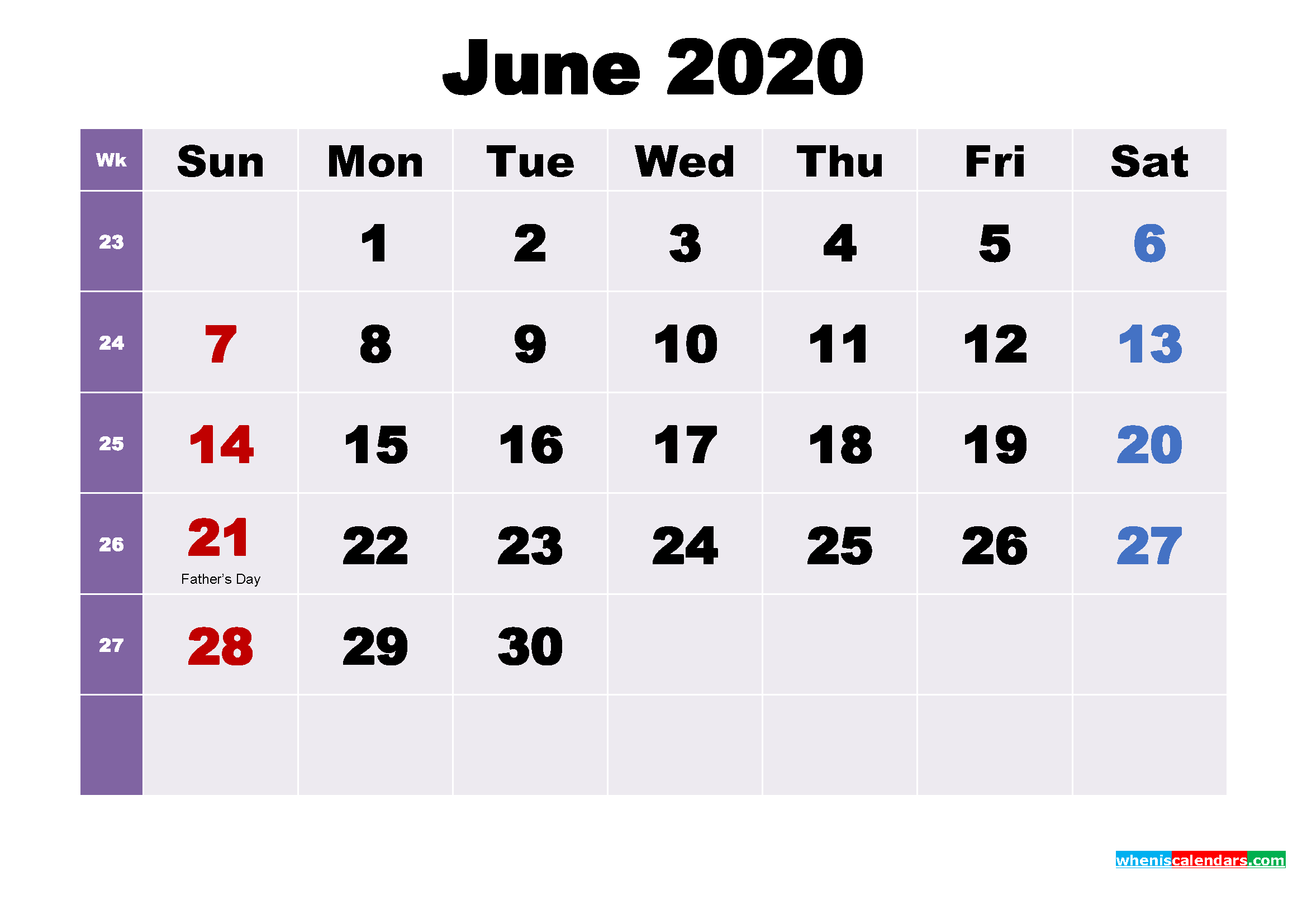 Printable June 2020 Calendar with Holidays Word, PDF