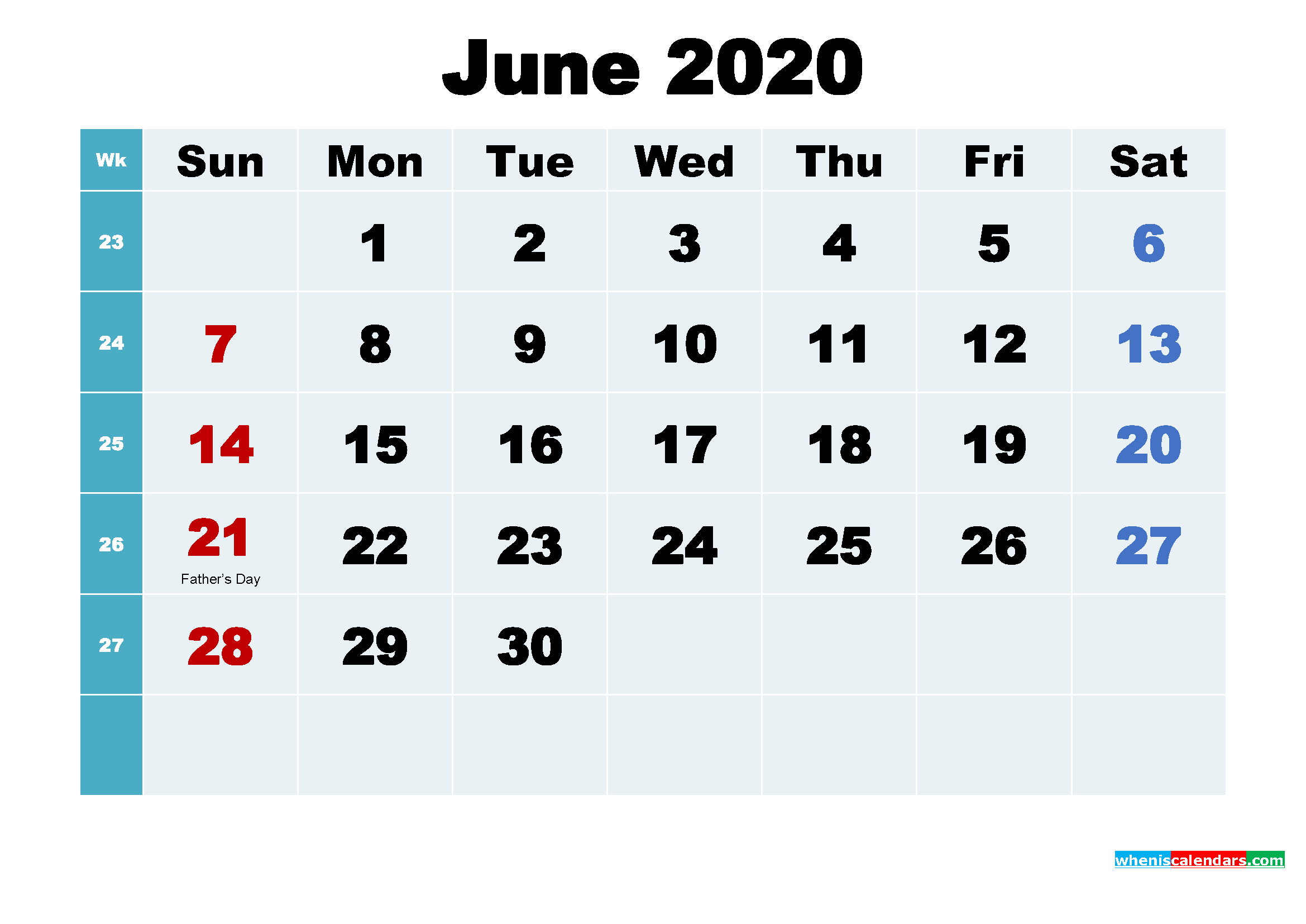 Free June 2020 Printable Calendar with Holidays