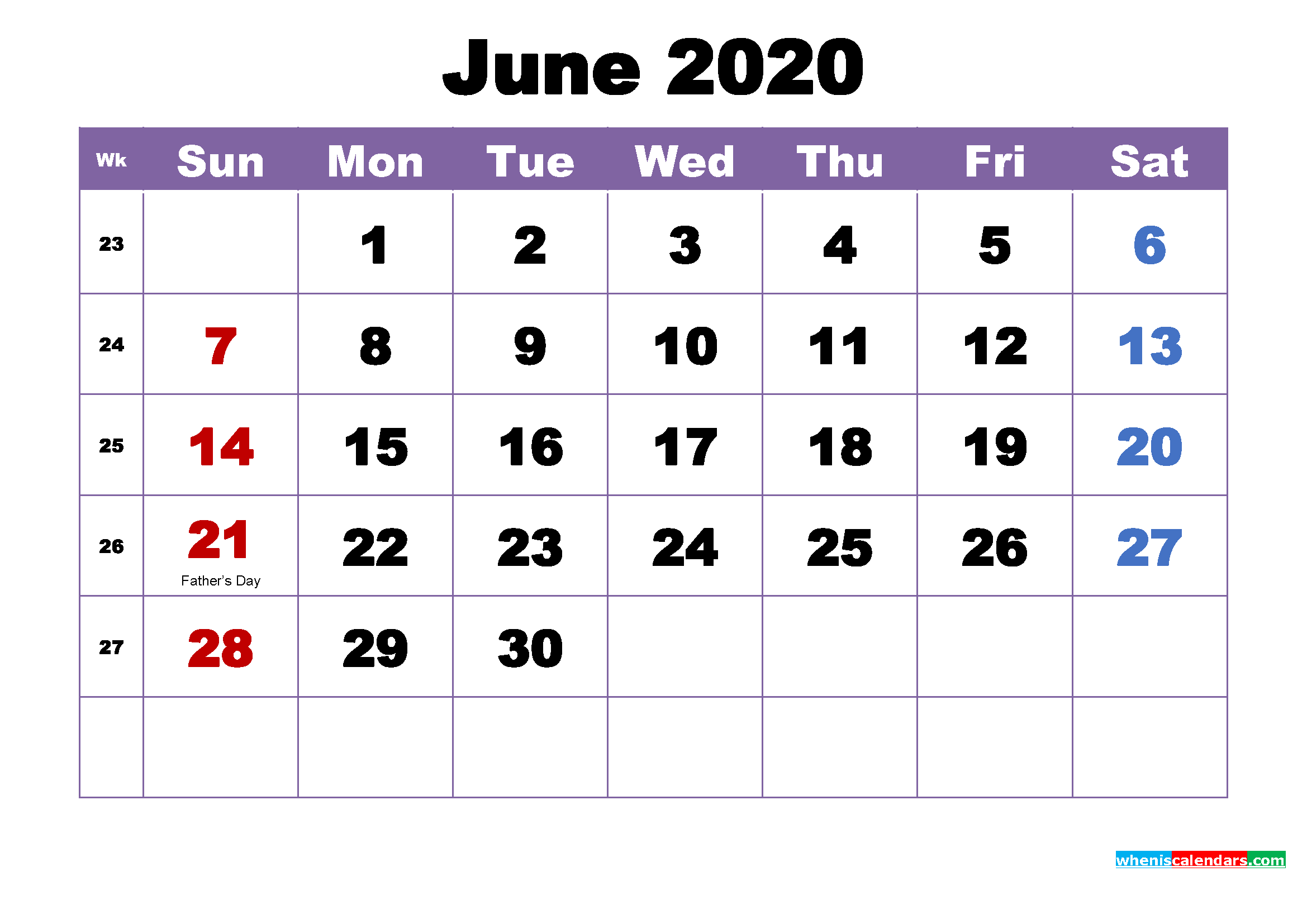 June 2020 Printable Calendar with Holidays Word, PDF