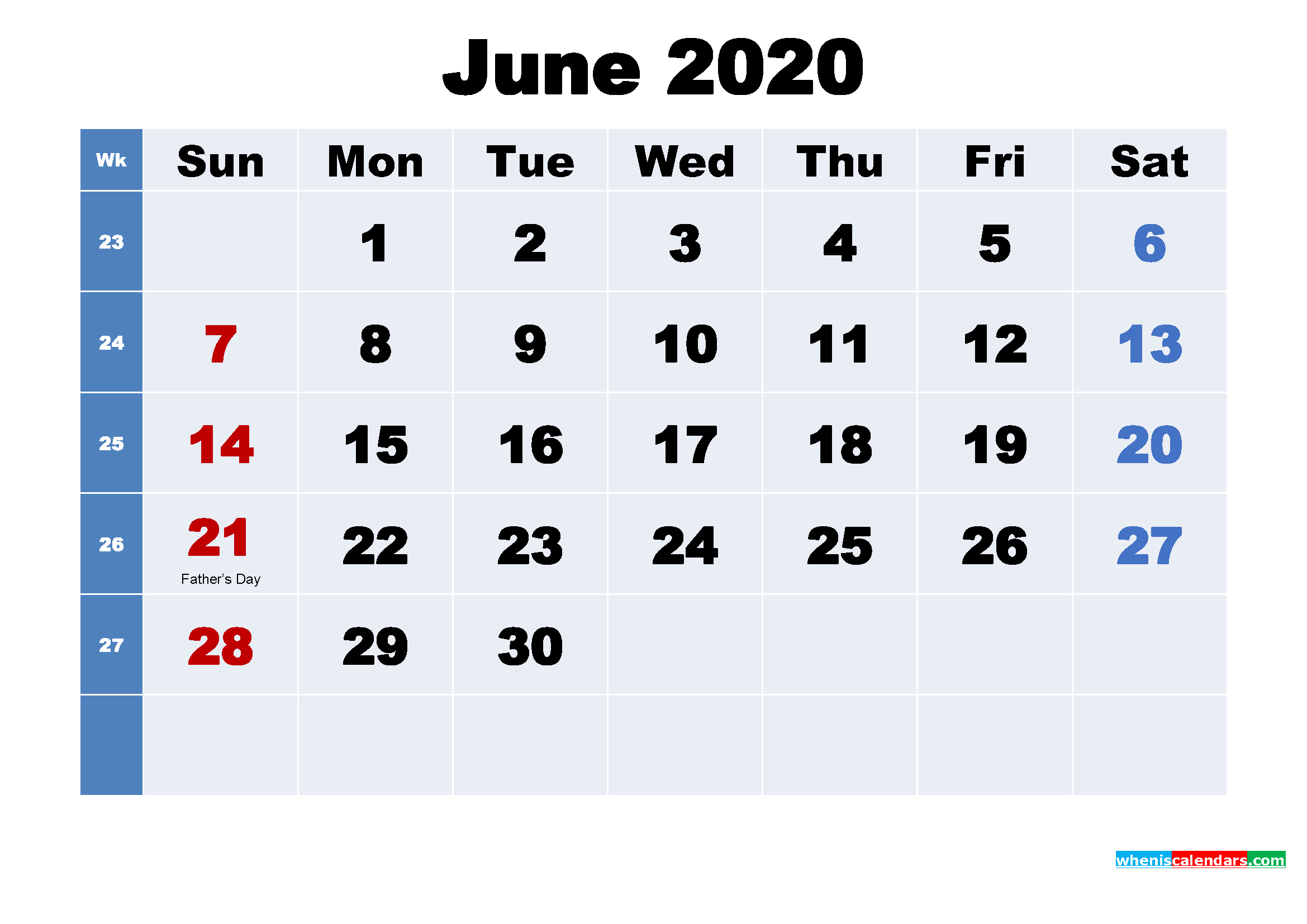 Free 2020 Printable Calendar June as Word, PDF