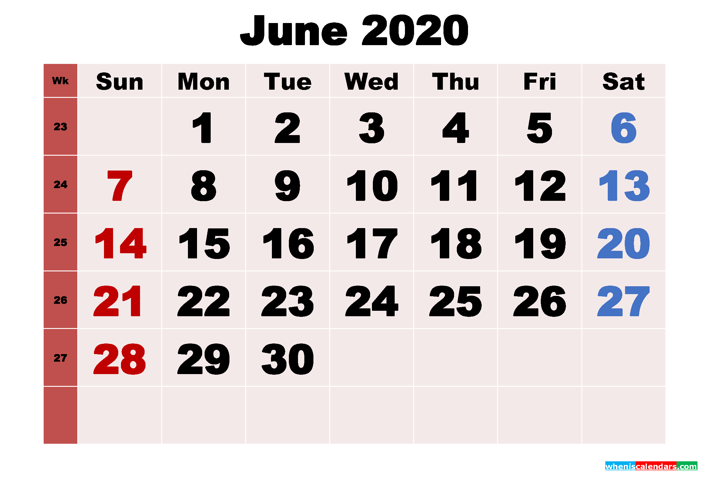 Free Printable Monthly Calendar June 2020