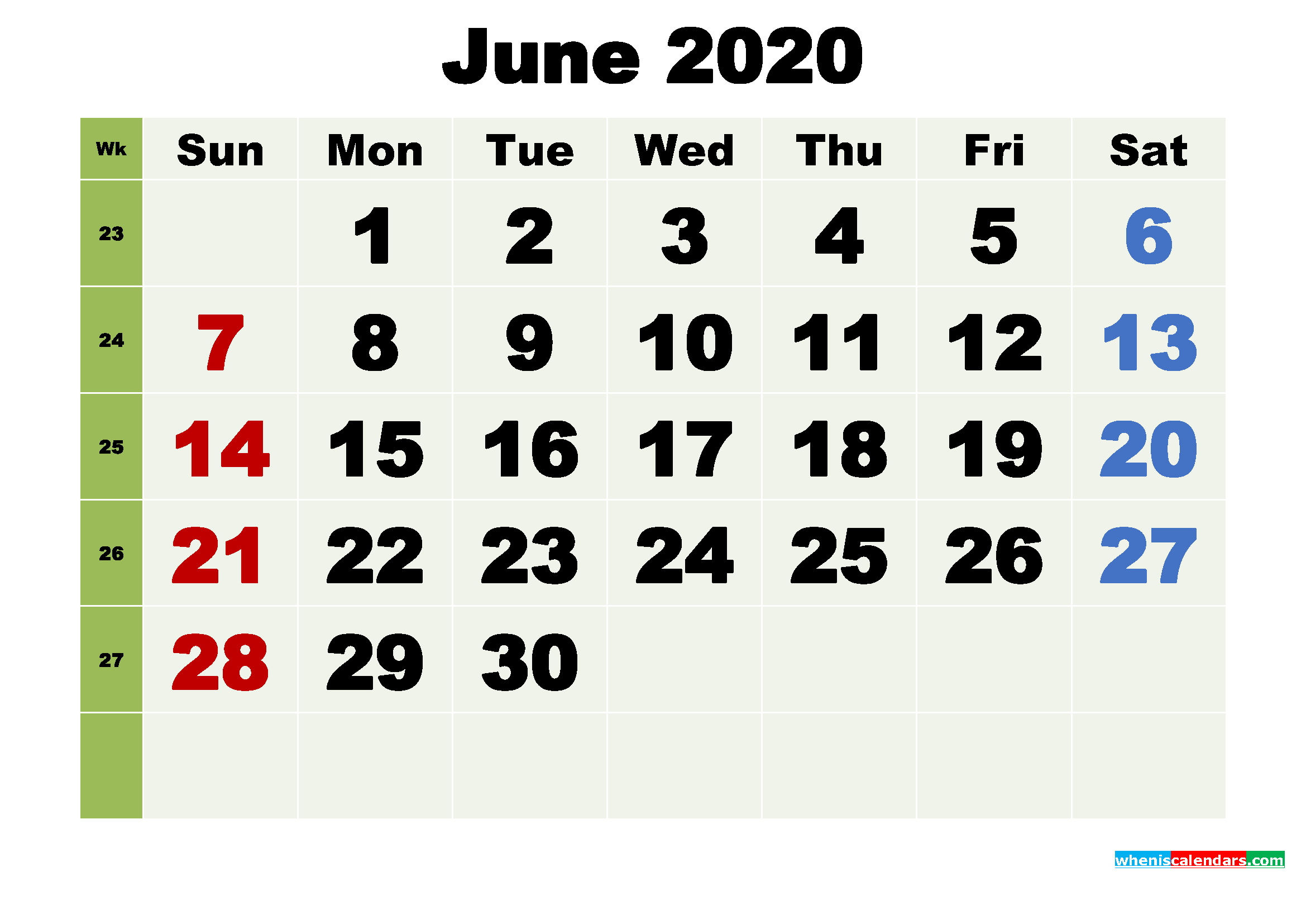 June 2020 Printable Calendar Template