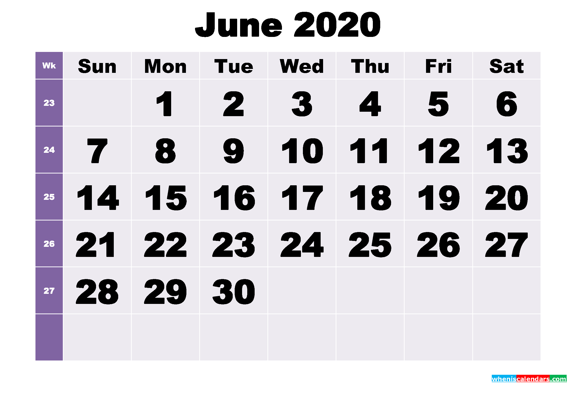 Free June 2020 Printable Monthly Calendar Template