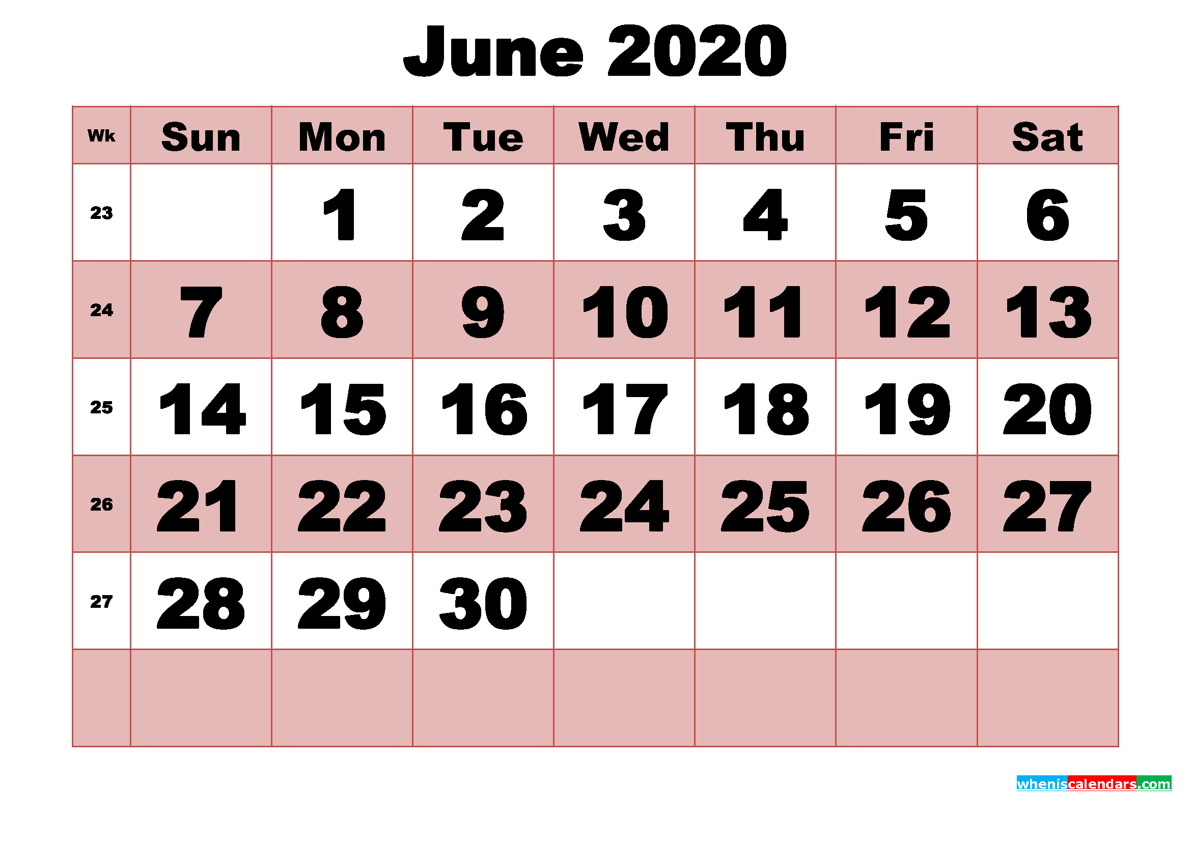 Free Printable Monthly Calendar June 2020