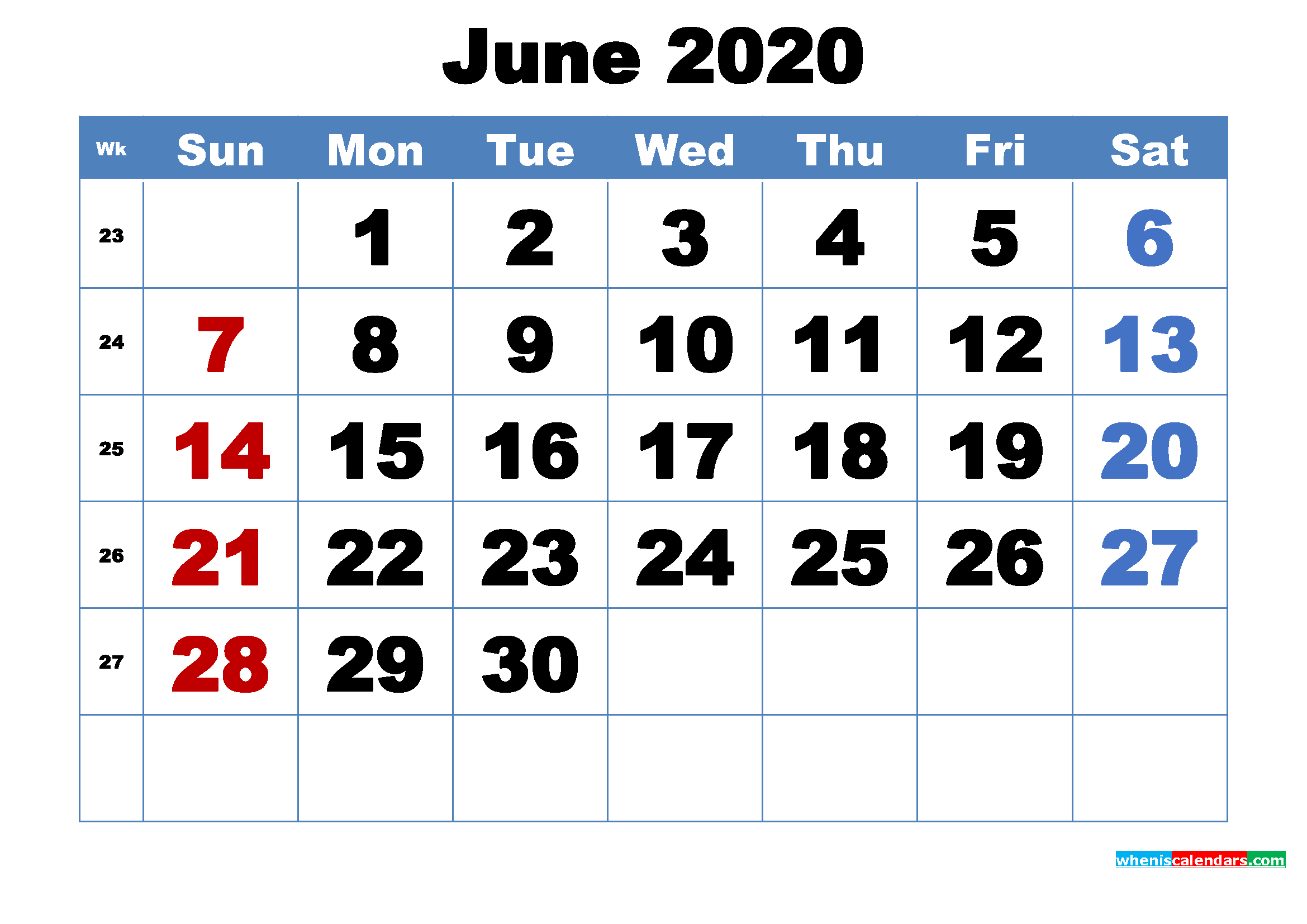 Free Printable June 2020 Calendar Template Word, PDF