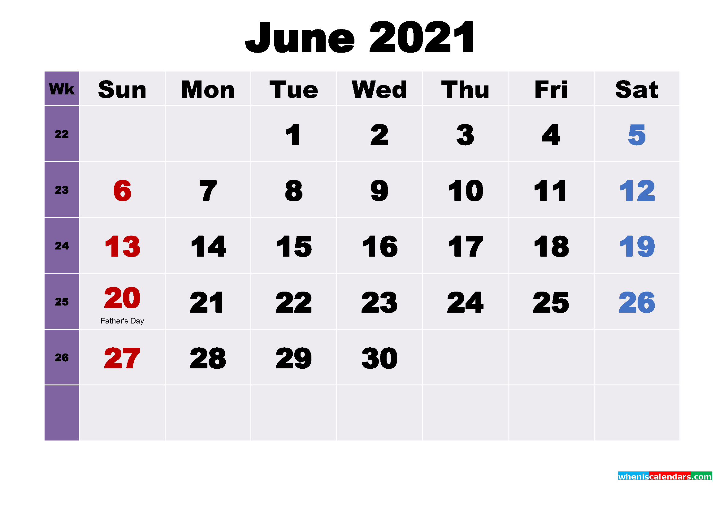 Printable June 2021 Calendar with Holidays Word, PDF