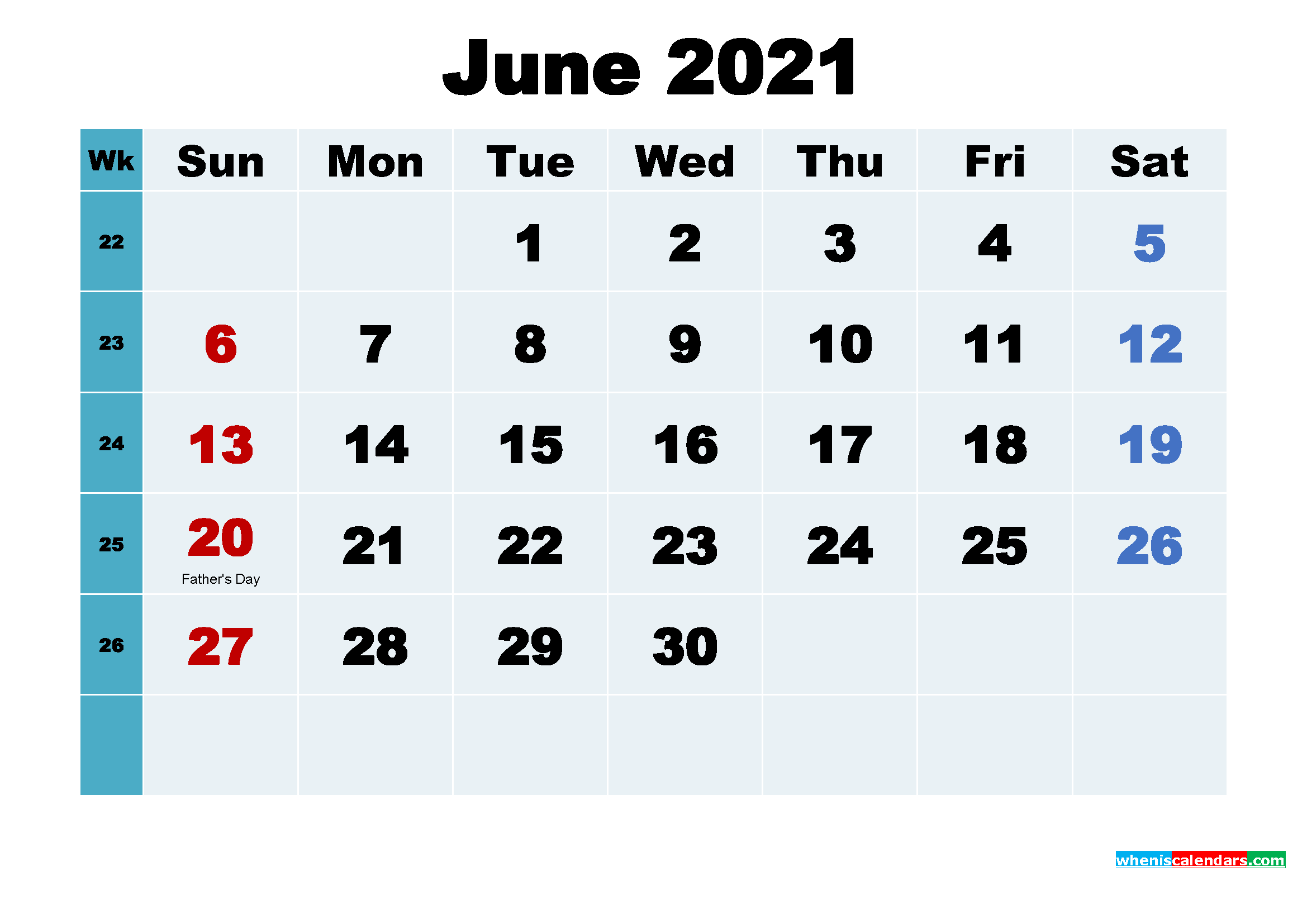 Free June 2021 Printable Calendar with Holidays