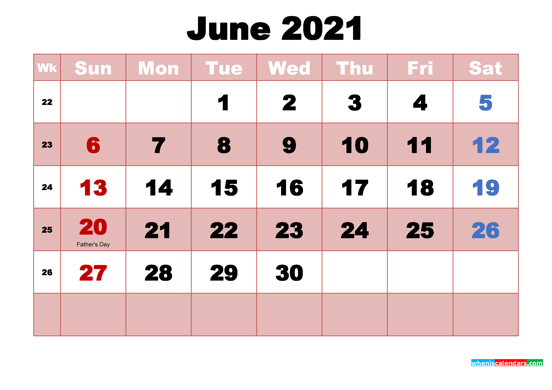 Printable June 2021 Calendar by Month