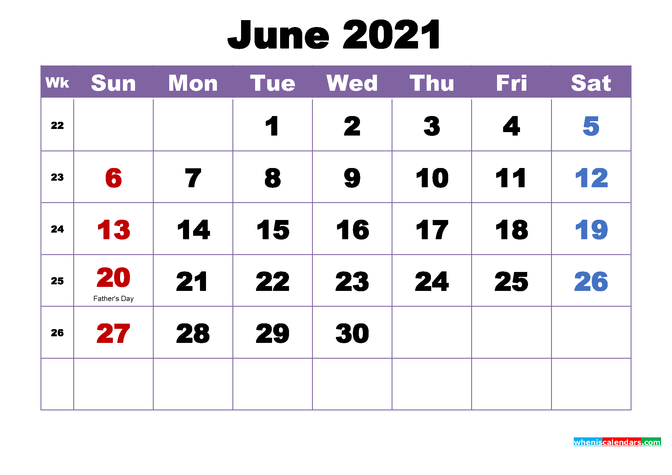 June 2021 Printable Calendar with Holidays Word, PDF