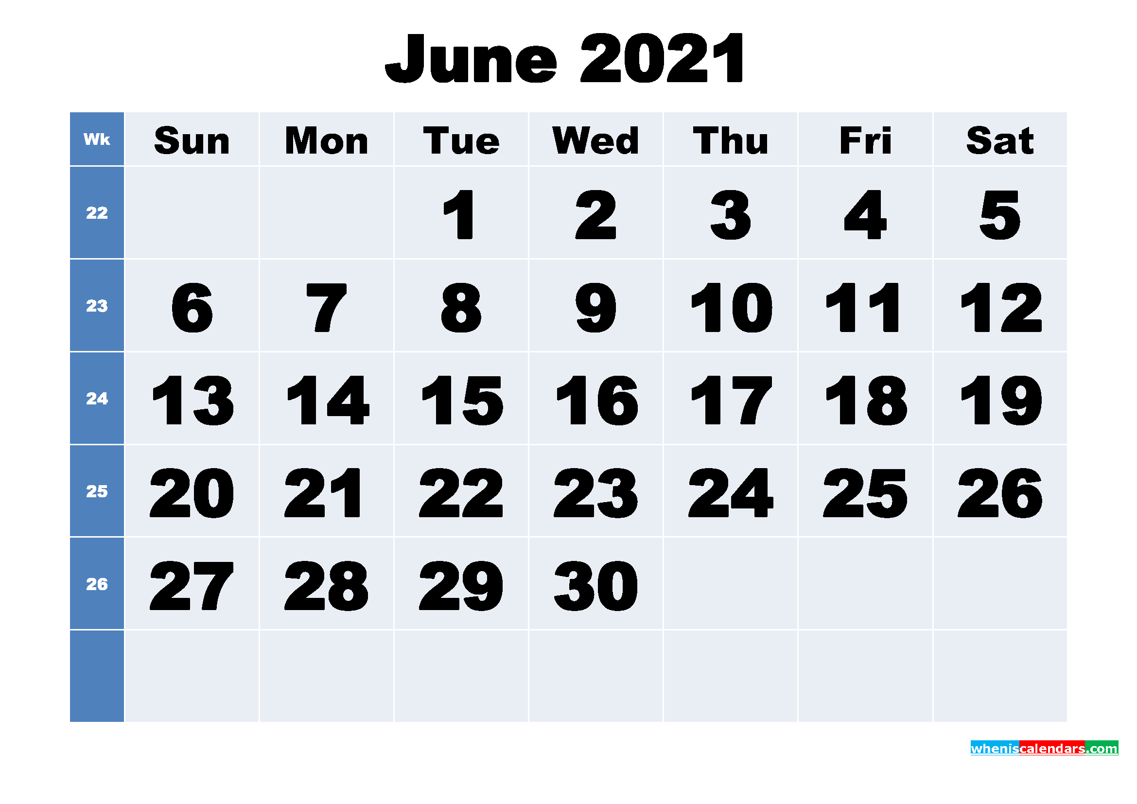 Free Printable June 2021 Calendar with Week Numbers