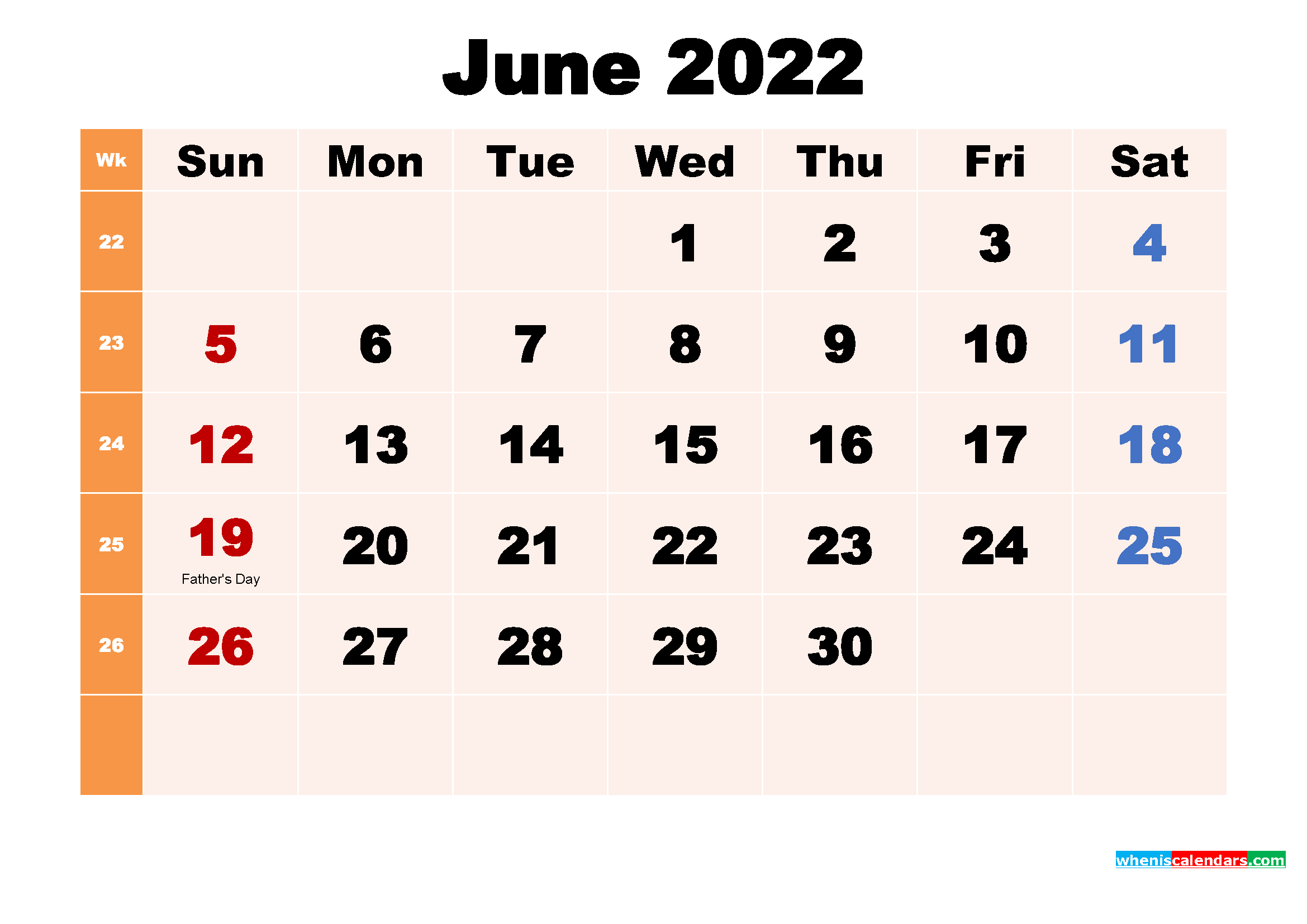 June 2022 Printable Calendar with Holidays Word, PDF