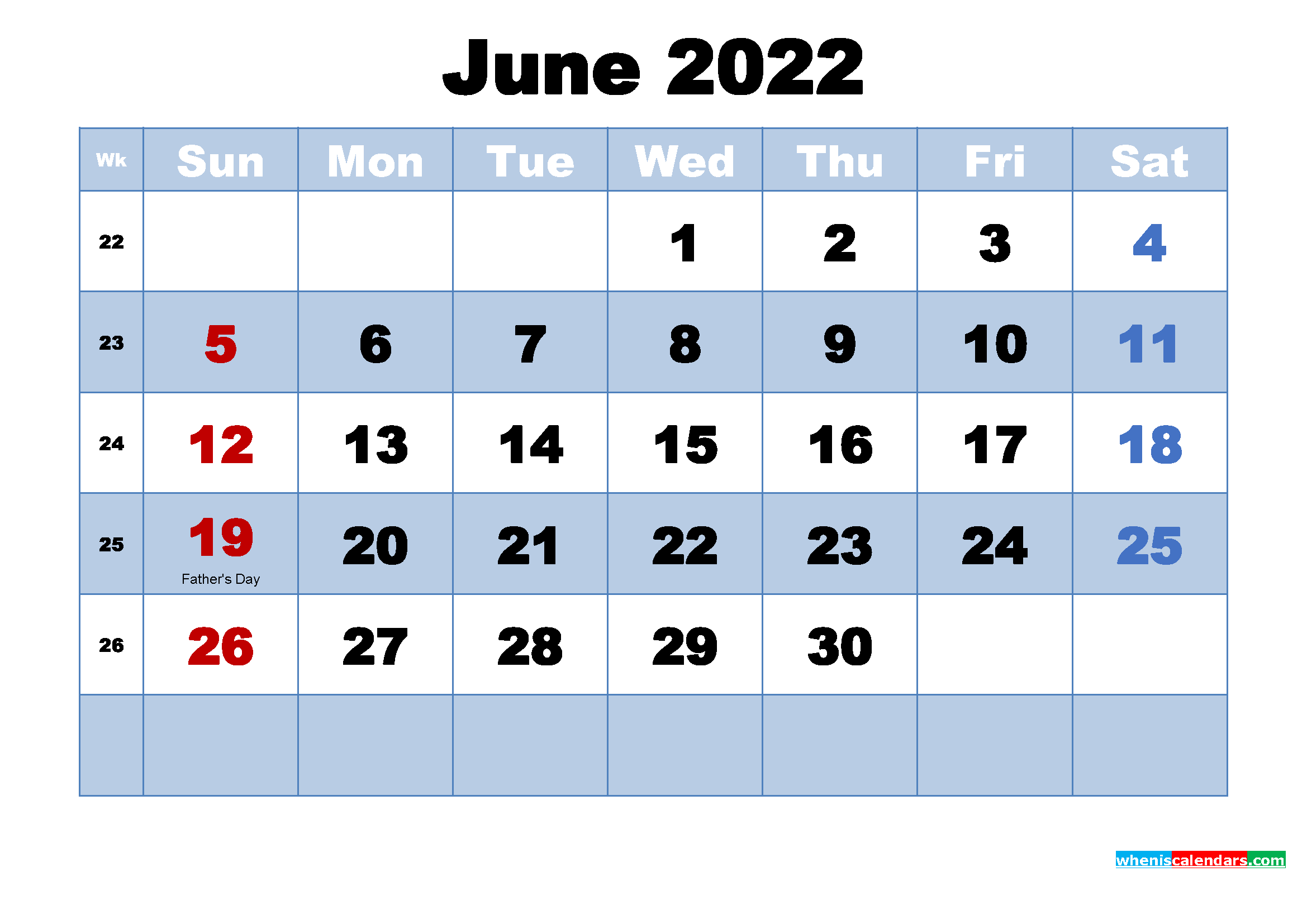 Free Printable 2022 Calendar June as Word, PDF