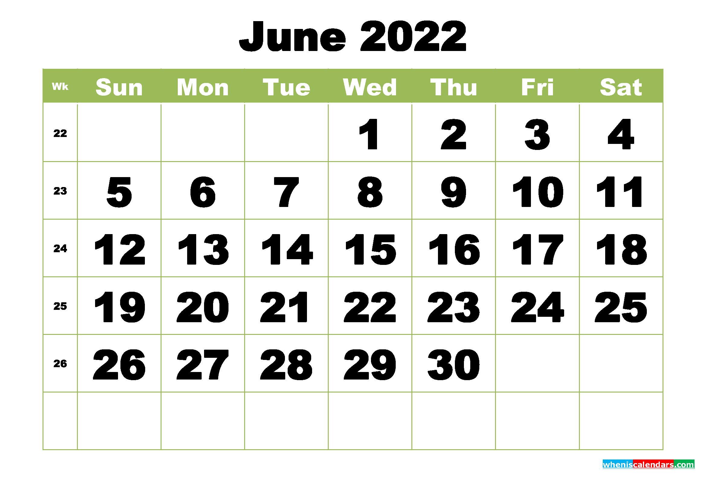 Free Printable Monthly Calendar June 2022