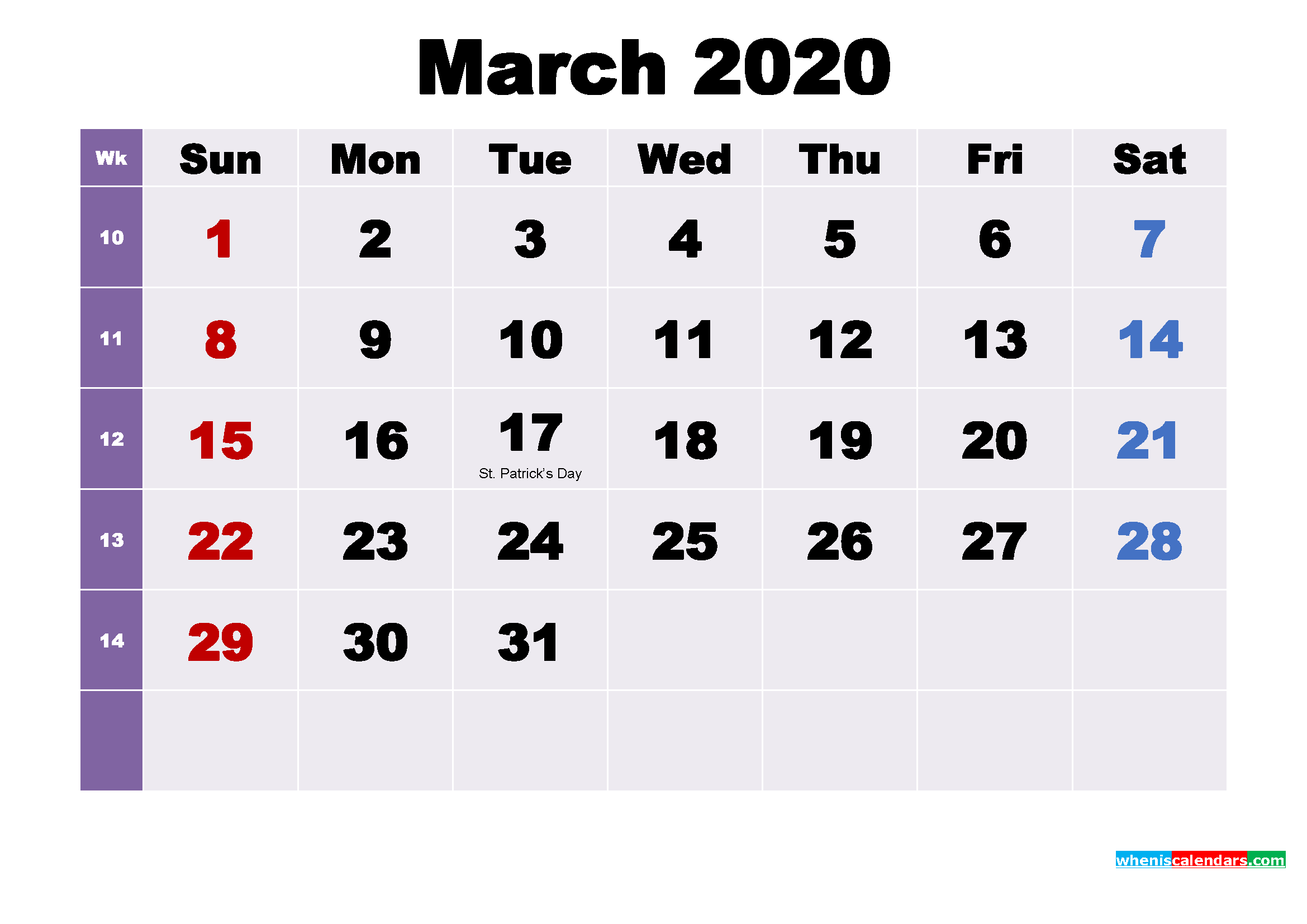 Printable March 2020 Calendar with Holidays Word, PDF