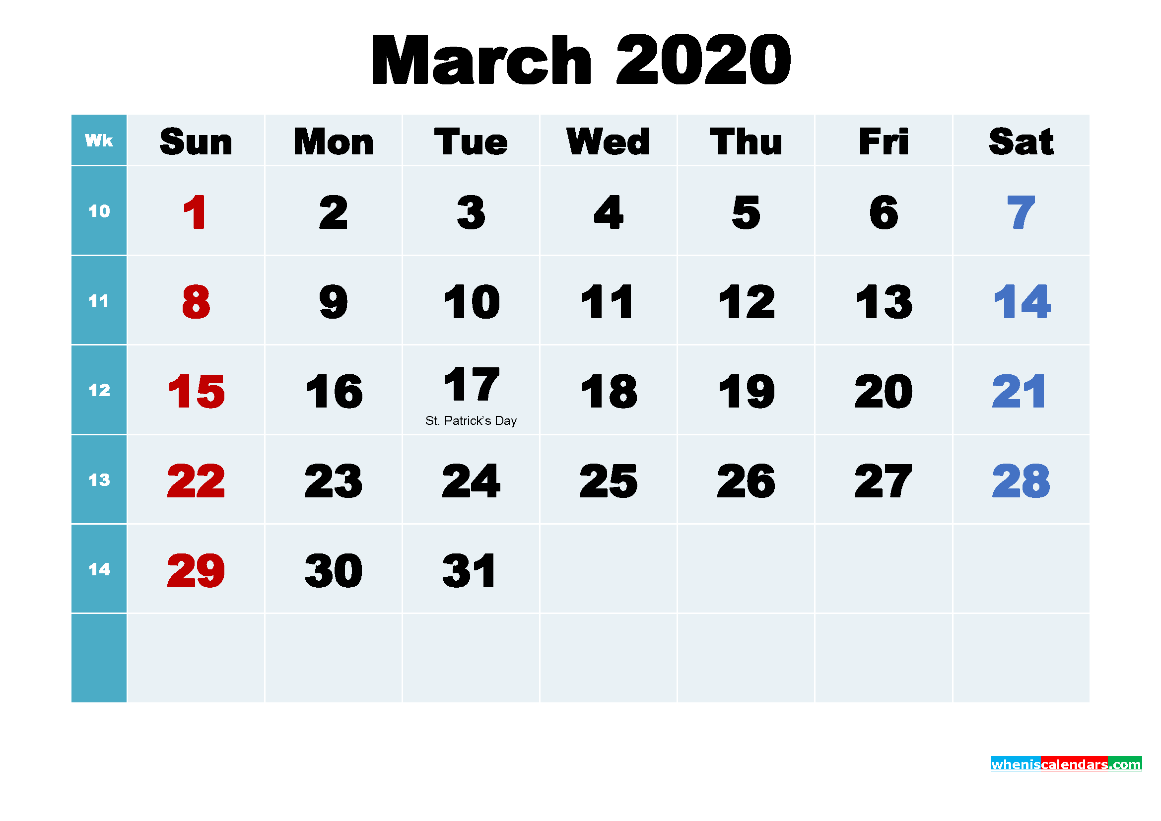 Printable 2020 Calendar with Holidays March