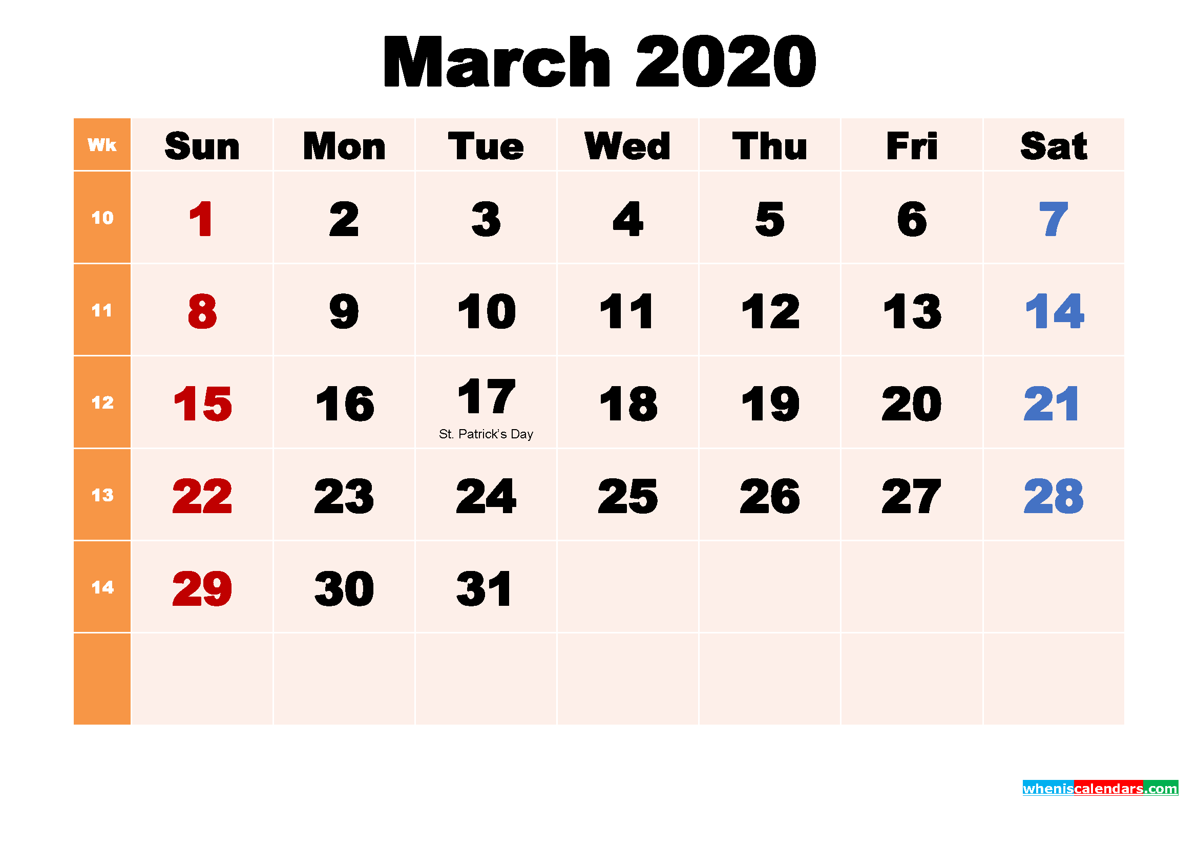 March 2020 Printable Calendar with Holidays Word, PDF