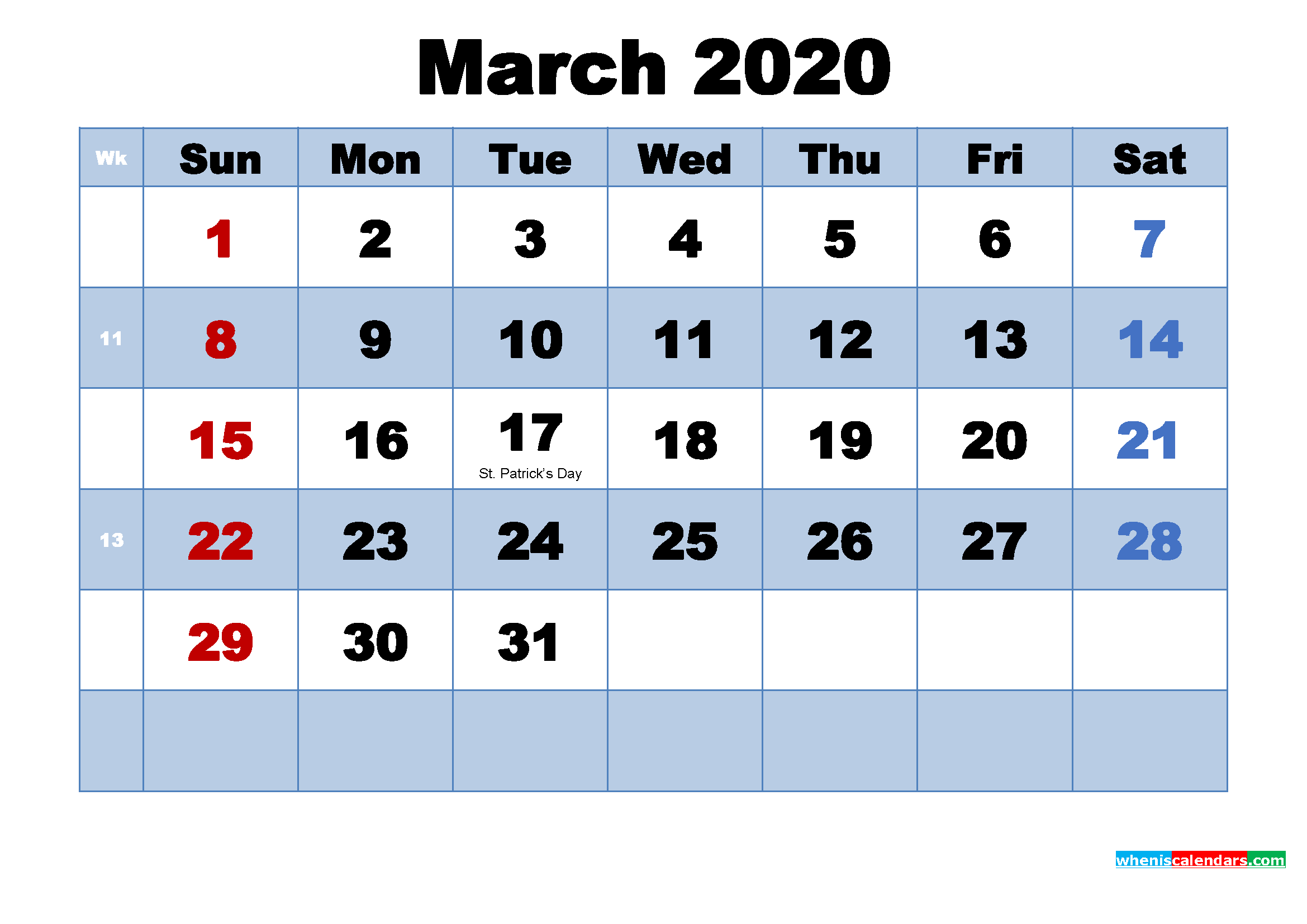 Free Printable 2020 Calendar March as Word, PDF
