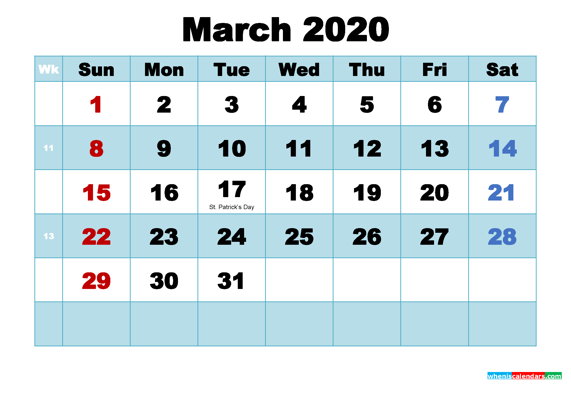 Free Printable March 2020 Calendar with Holidays as Word, PDF