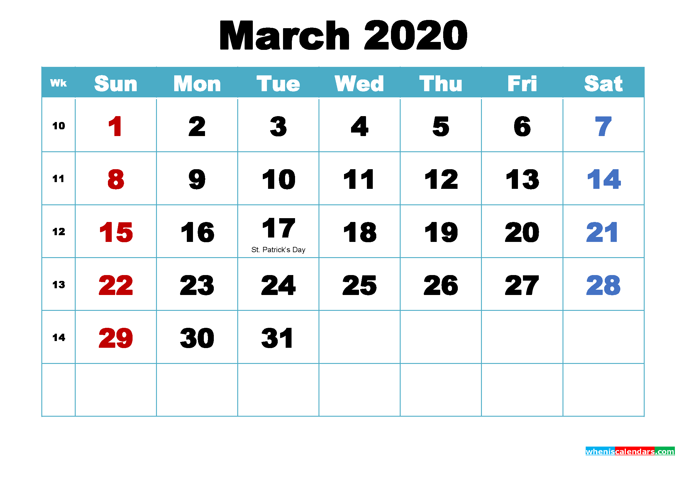 Free Printable 2020 Calendar March as Word, PDF