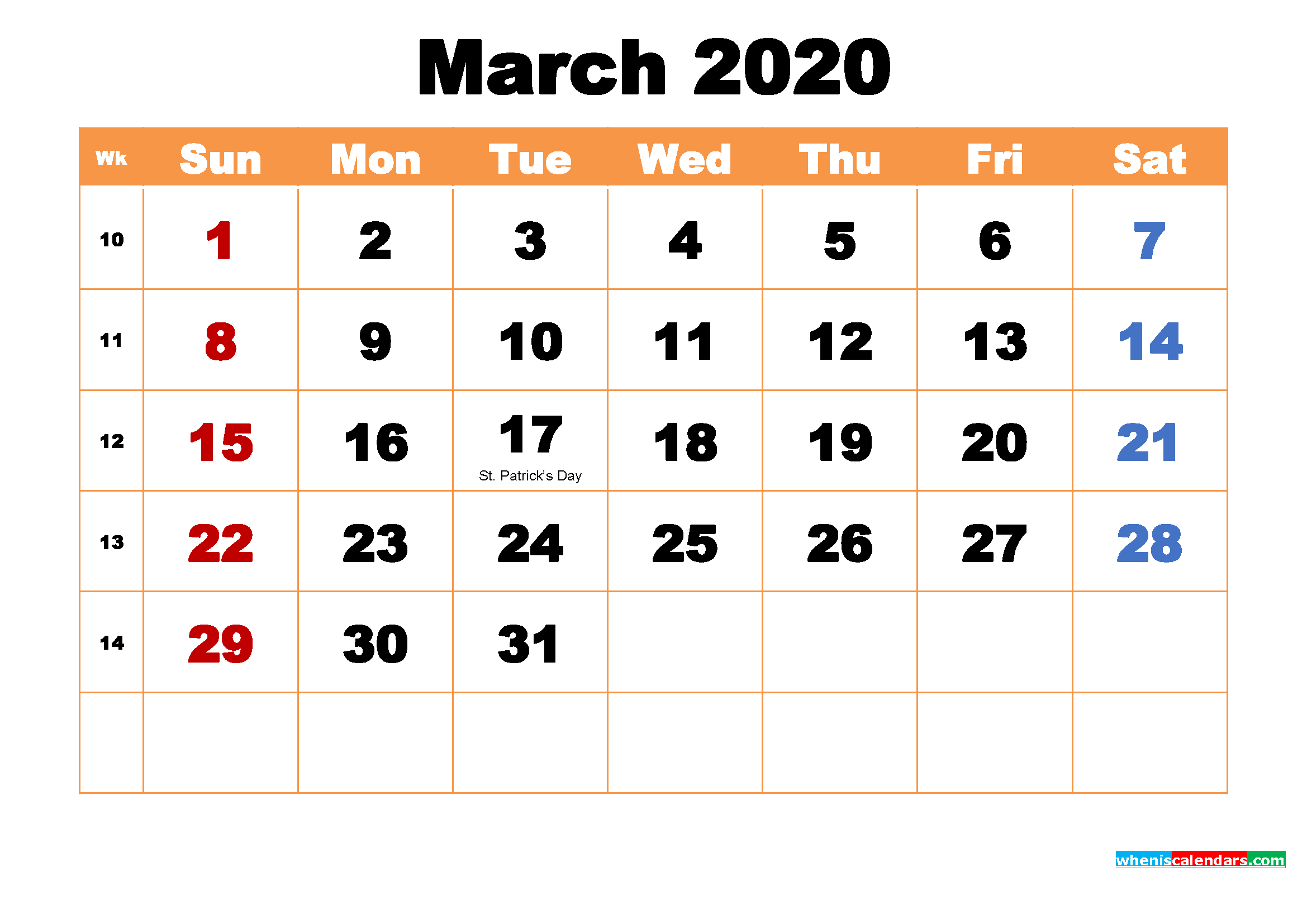 March 2020 Printable Monthly Calendar with Holidays