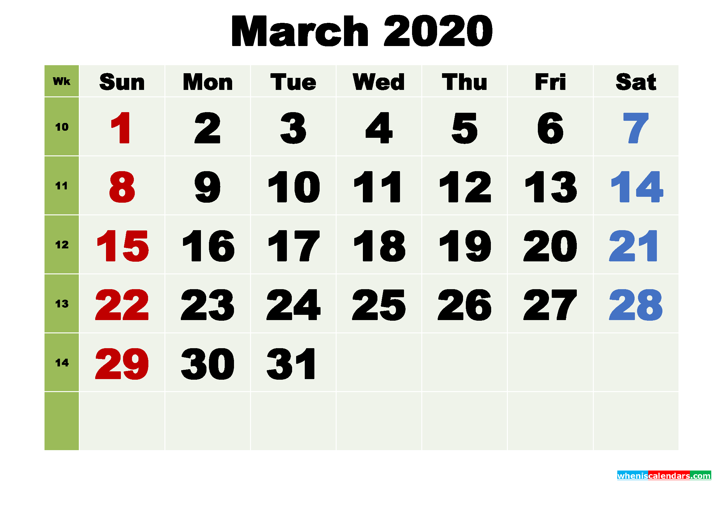 March 2020 Printable Calendar Template