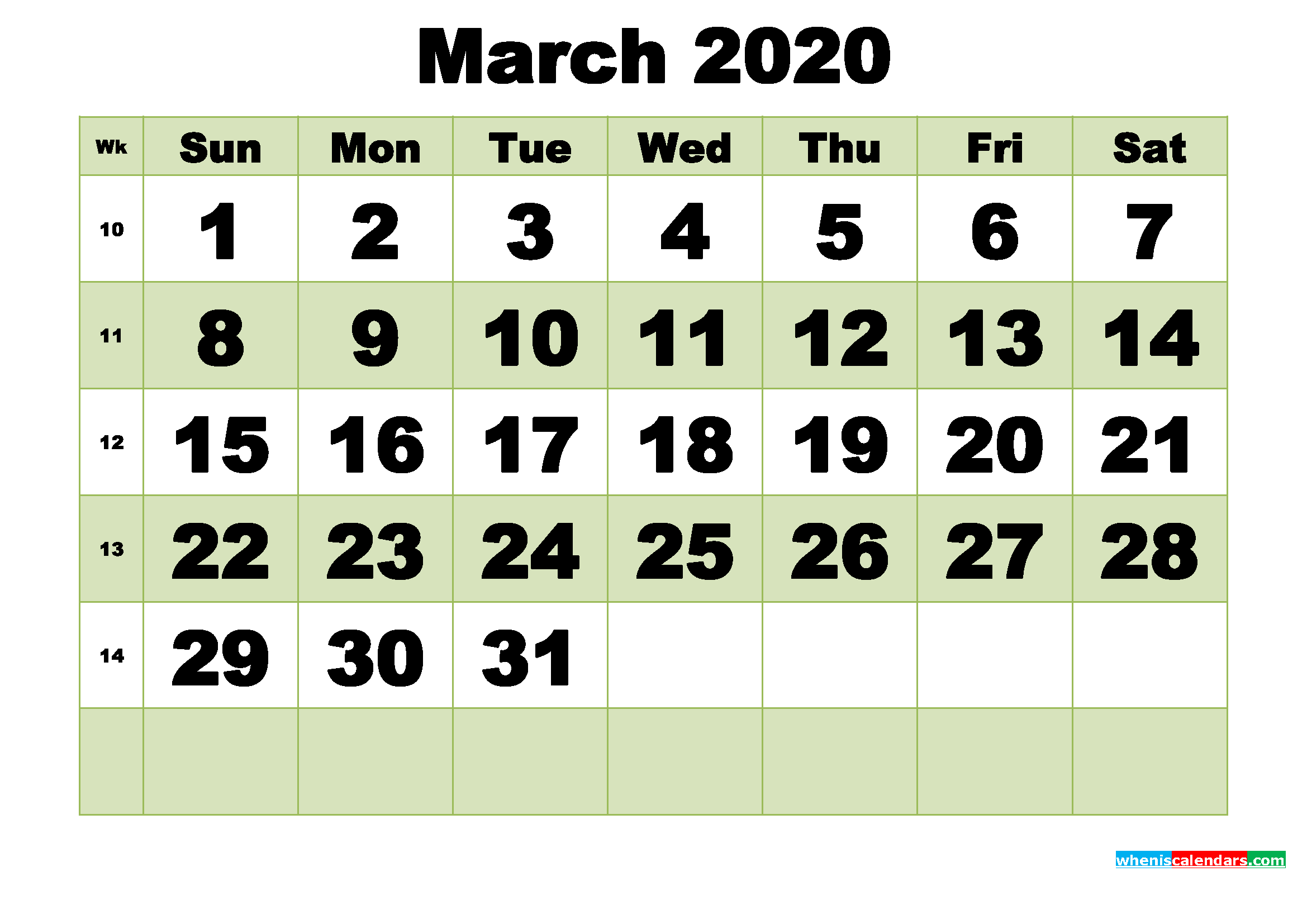March 2020 Printable Calendar Template